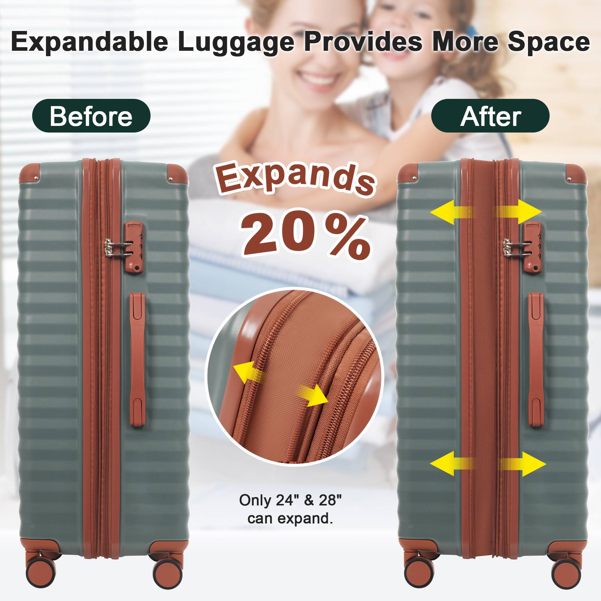 Expandable Luggage Provides More Space

Before

Expands 20%

After

Only 24" & 28" can expand.