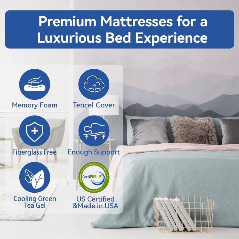 Premium Mattresses for a Luxurious Bed Experience

- Memory Foam
- Tencel Cover
- Fiberglass Free
- Enough Support
- Cooling Green Tea Gel
- US Certified & Made in USA
- CertiPUR-US