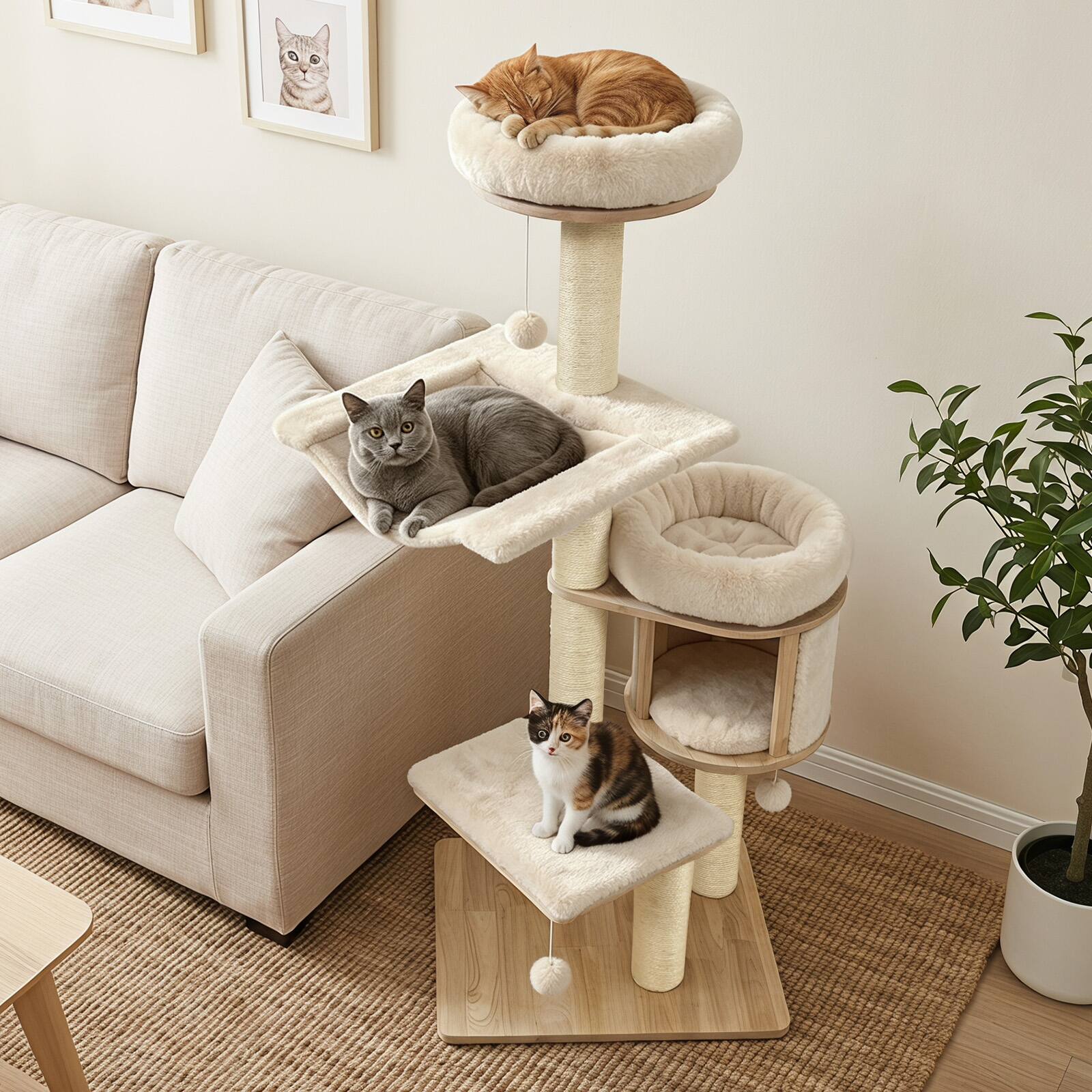 Alt View 3. Gymax - Gymax 55'' Large Solid Rubber Wood Cat Tree Tower w/Cozy Condo Beds & Hammock 3 Balls Natural & Beige - Beige.