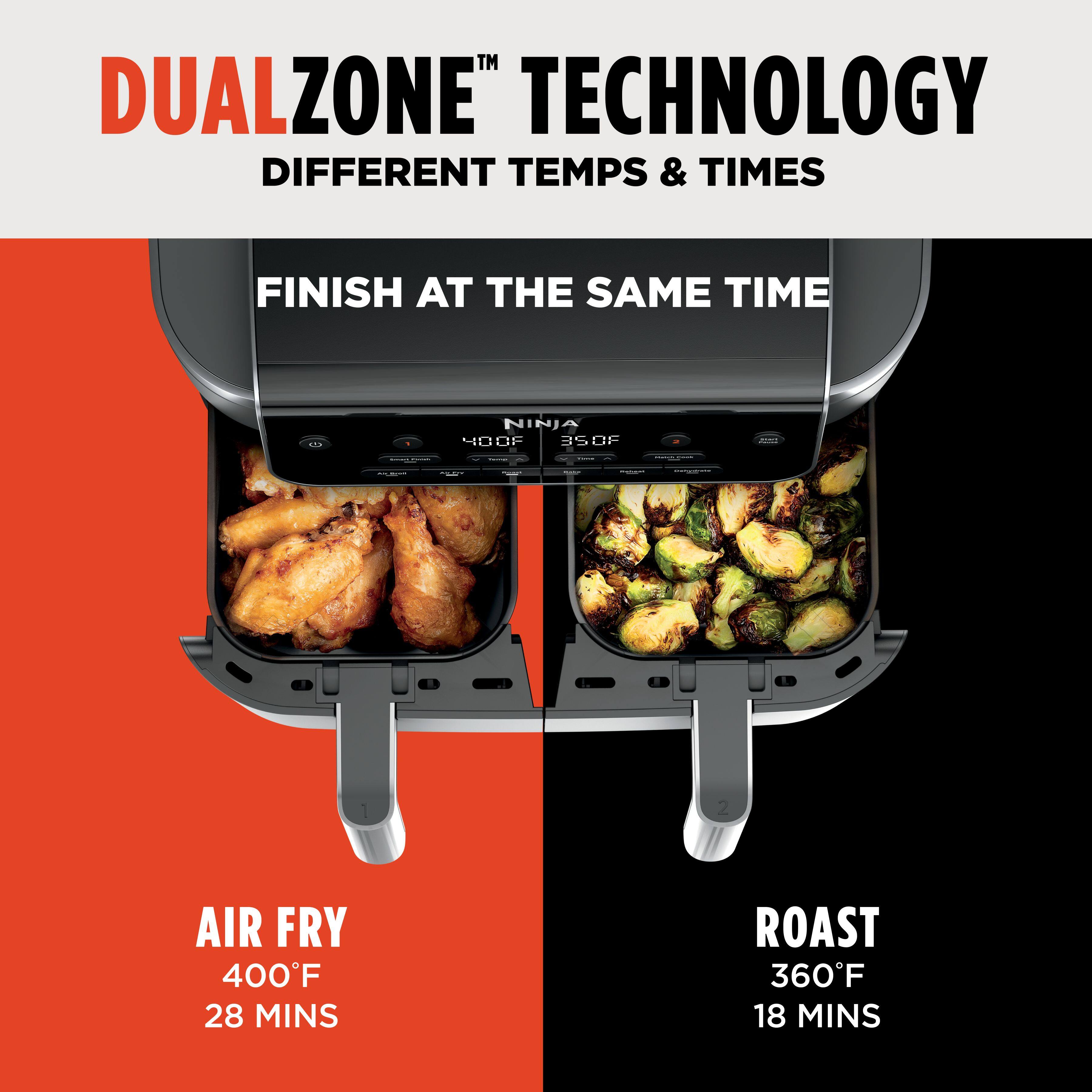 DUALZONE TECHNOLOGY DIFFERENT TEMPS & TIMES FINISH AT THE SAME TIME

NINJA 40 LIF 3SOF

AIR FRY 400F 28 MINS

ROAST 360F 18 MINS
