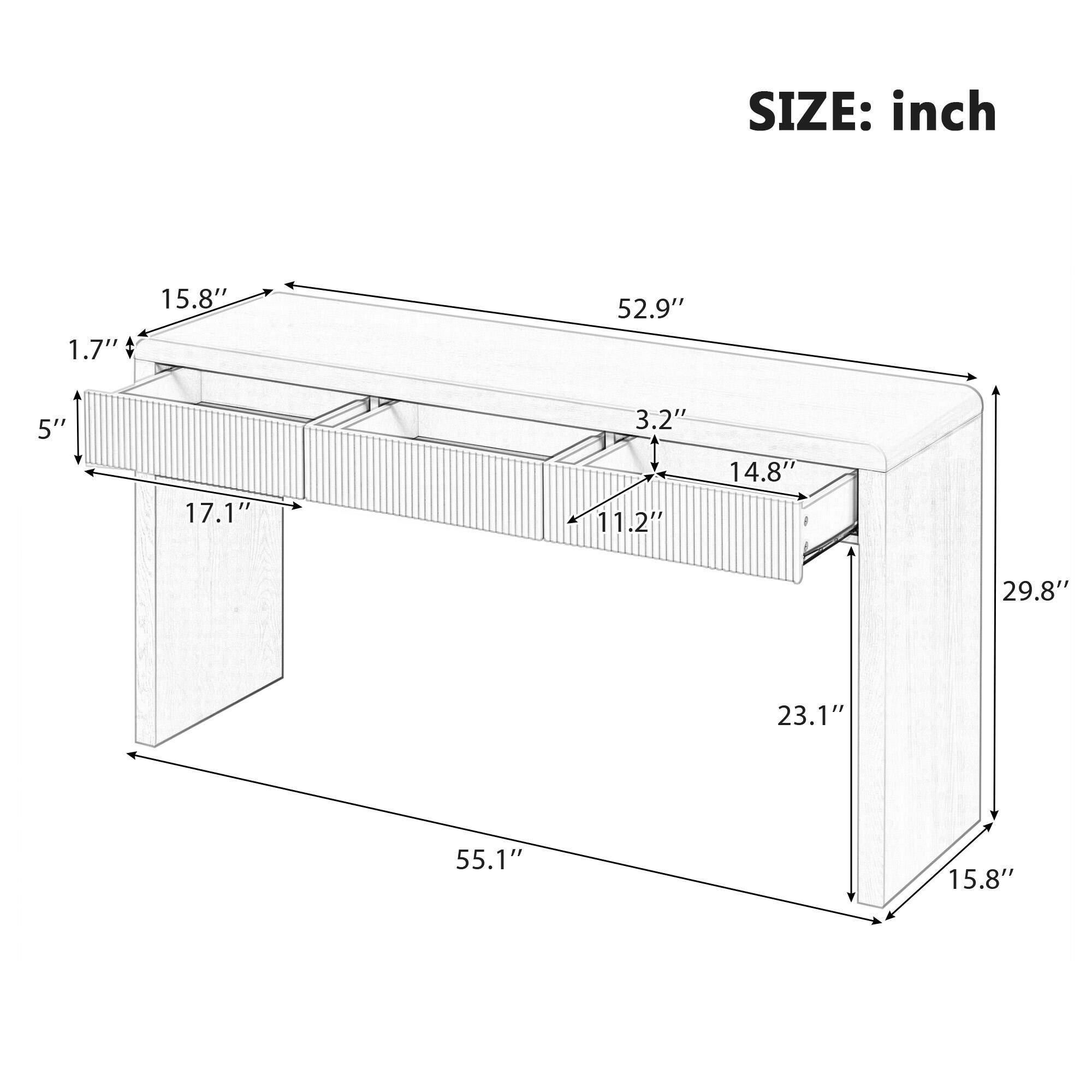 SIZE: inch  
1.7"  
15.8"  
52.9"  
5"  
17.1"  
3.2"  
11.2"  
14.8"  
4  
29.8"  
23.1"  
55.1"  
15.8"