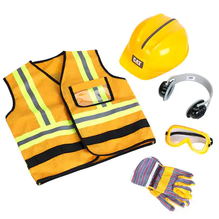 Front. Klein - CAT: Construction Worker Vest - Yellow & Black - 5pc Set, Ags 3+.