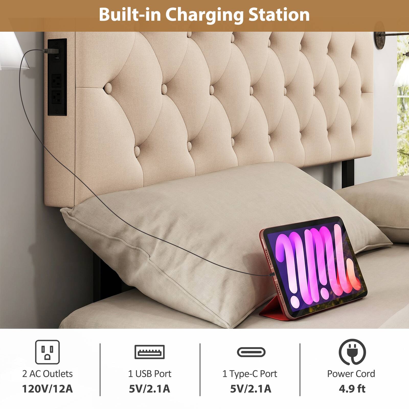 Built-in Charging Station

- 2 AC Outlets 120V/12A
- 1 USB Port 5V/2.1A
- 1 Type-C Port 5V/2.1A
- Power Cord 4.9 ft