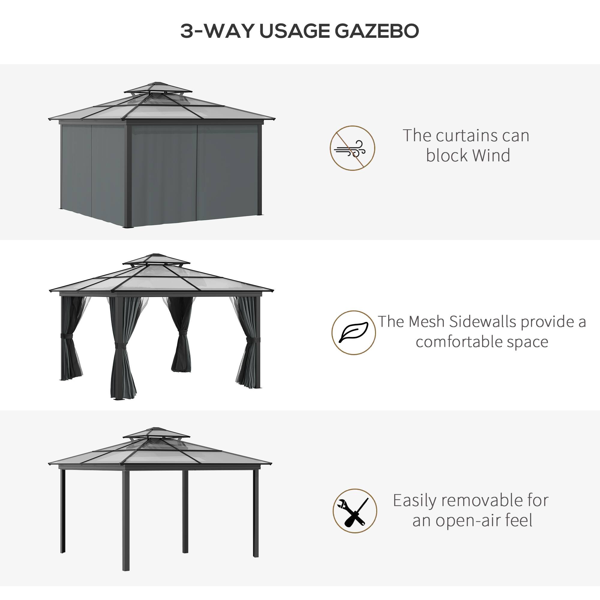 3-WAY USAGE GAZEBO

- The curtains can block Wind
- The Mesh Sidewalls provide a comfortable space
- Easily removable for an open-air feel