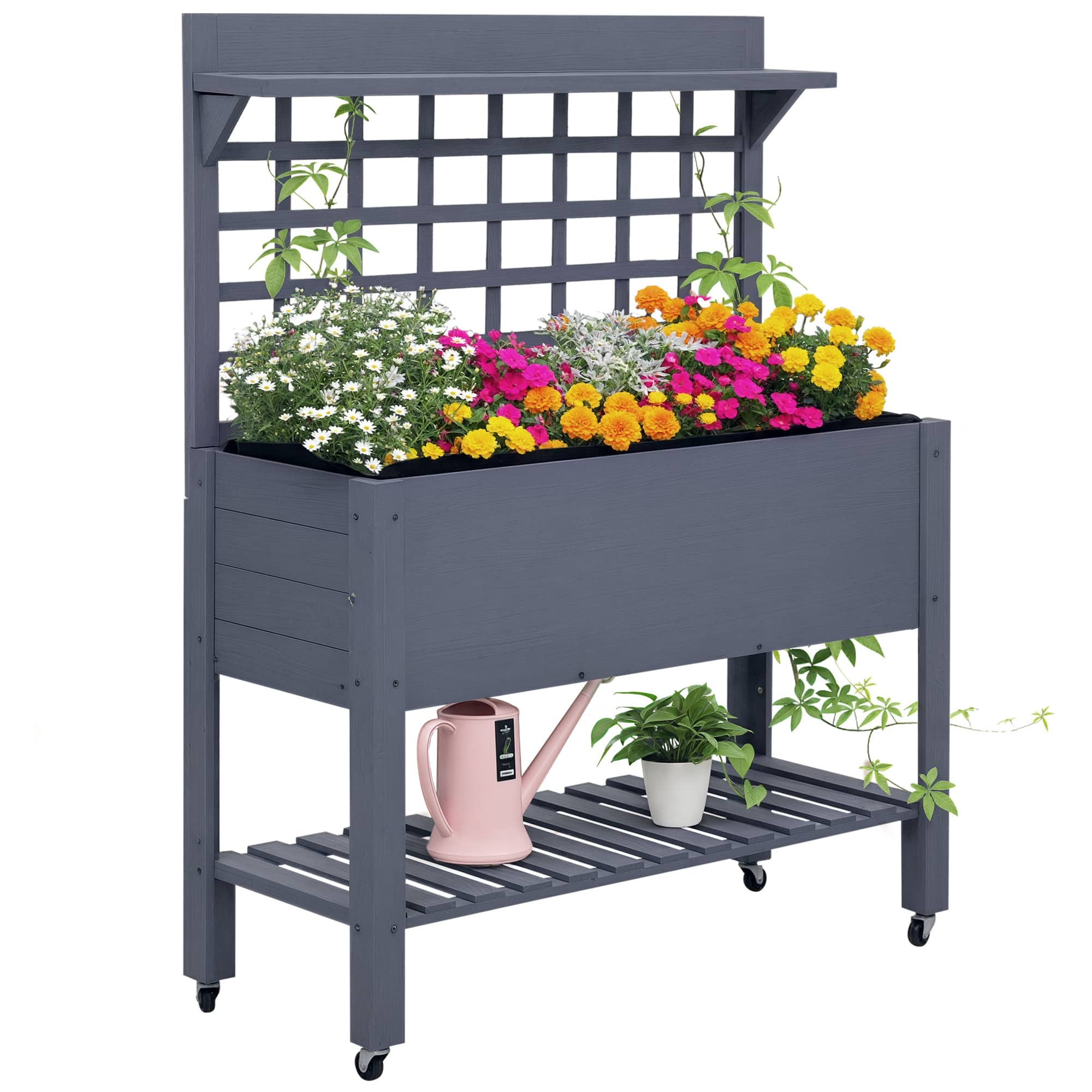 Outsunny - 41" Raised Garden Bed with Trellis on Wheels, Wooden Elevated Planter Box with Legs and Bed Liner - Gray