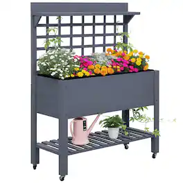 Outsunny - 41" Raised Garden Bed with Trellis on Wheels, Wooden Elevated Planter Box with Legs and Bed Liner - Gray