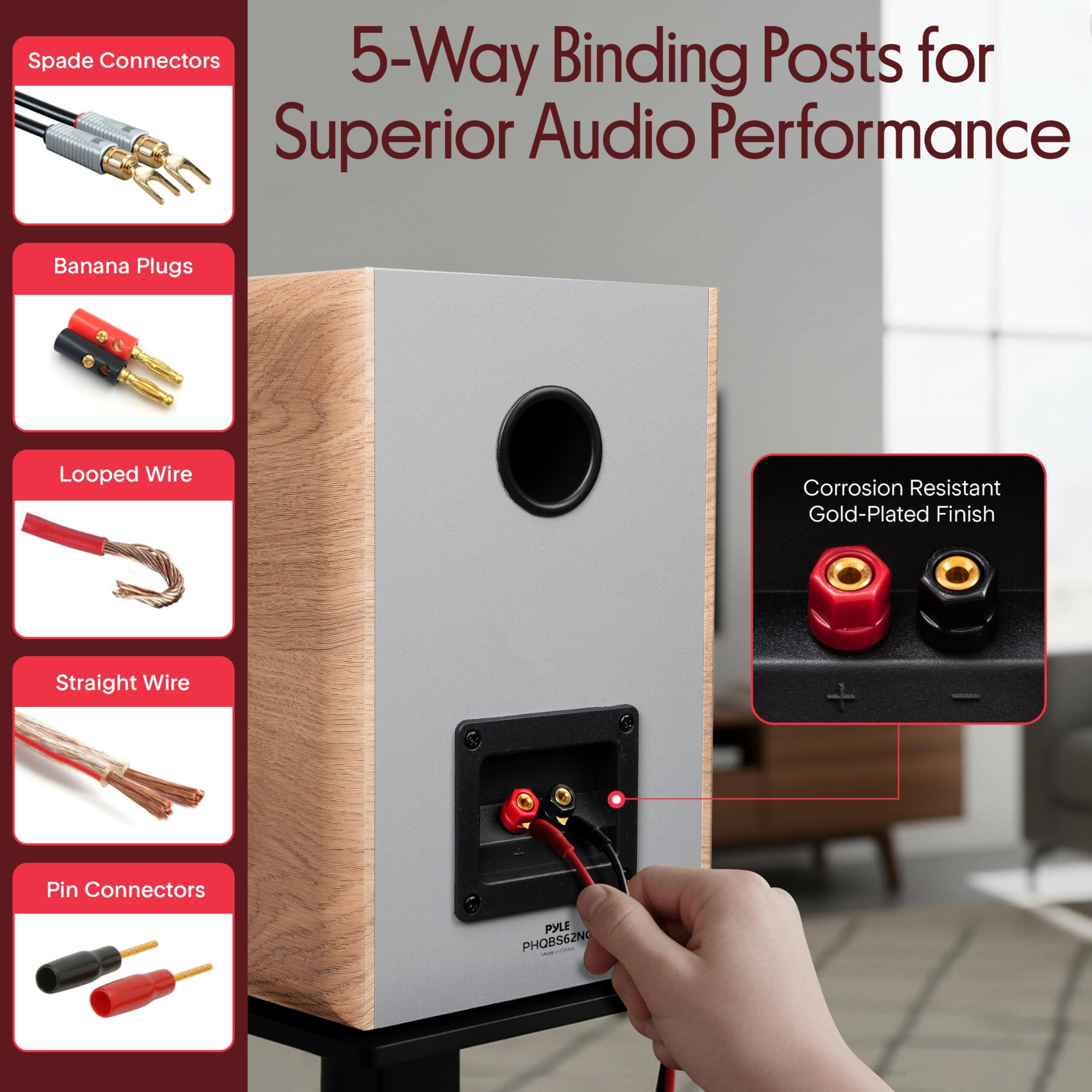 Spade Connectors  
5-Way Binding Posts for Superior Audio Performance  
Banana Plugs  
Looped Wire  
Straight Wire  
Pin Connectors  
Corrosion Resistant Gold-Plated Finish  
PYLE PHOBSE2N