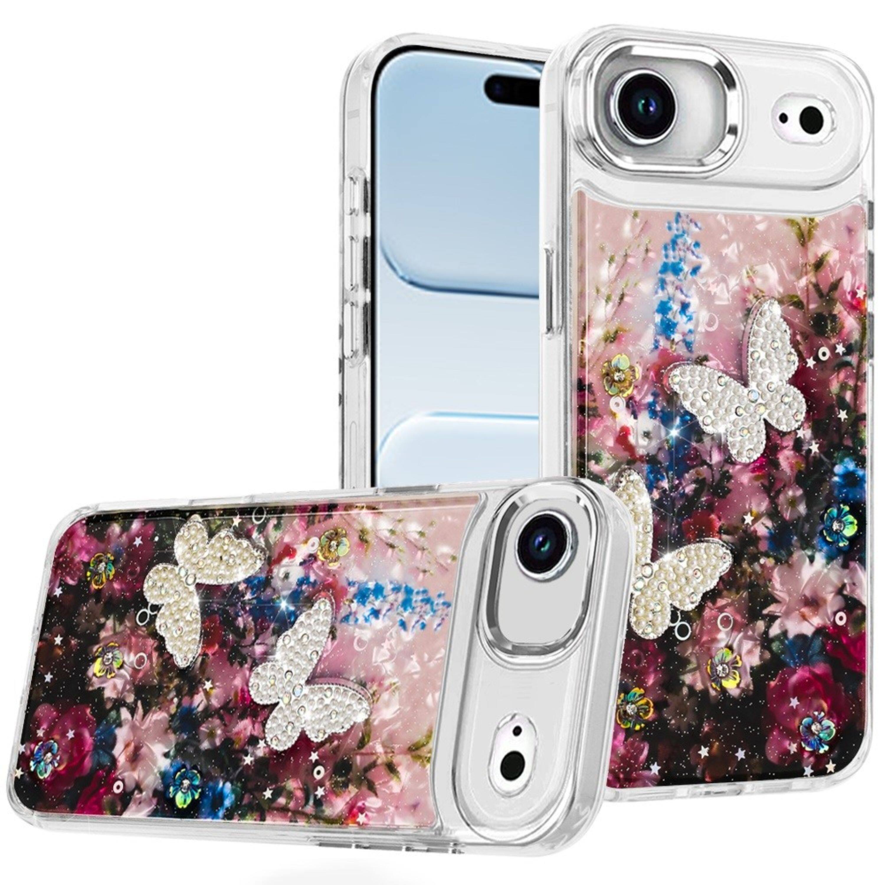 Front. Kitcheniva - 3D Beaded Butterflies Design Epoxy Glitter Phone Case With Tempered Glass For iPhone Air - Multicolor.