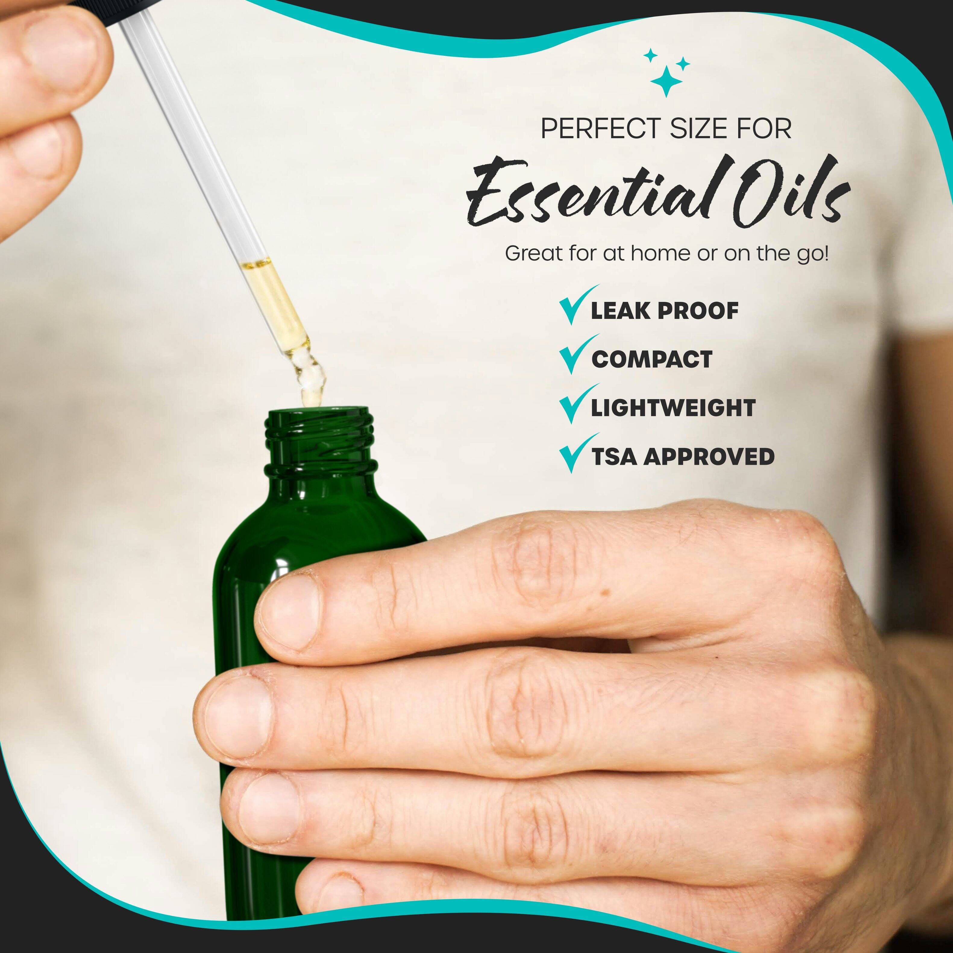 PERFECT SIZE FOR Essential Oils  
Great for at home or on the go!  

- LEAK PROOF  
- COMPACT  
- LIGHTWEIGHT  
- TSA APPROVED