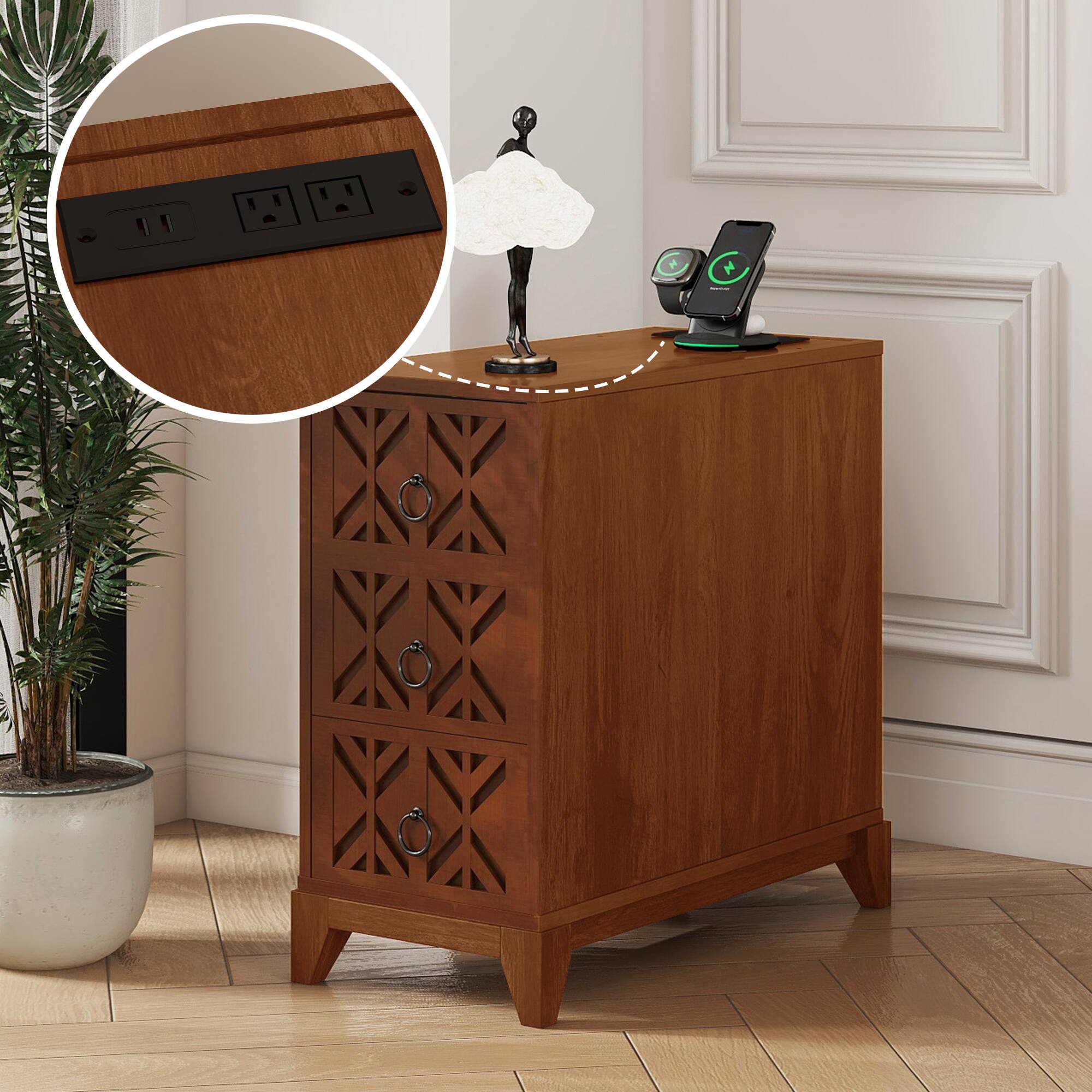 Alt View 1. Spaco - Spaco Modern Corner Nightstand with 3 Drawers, 4 Open Shelves, Walnut Finish, Tall Side Table for Bedroom - Natural.