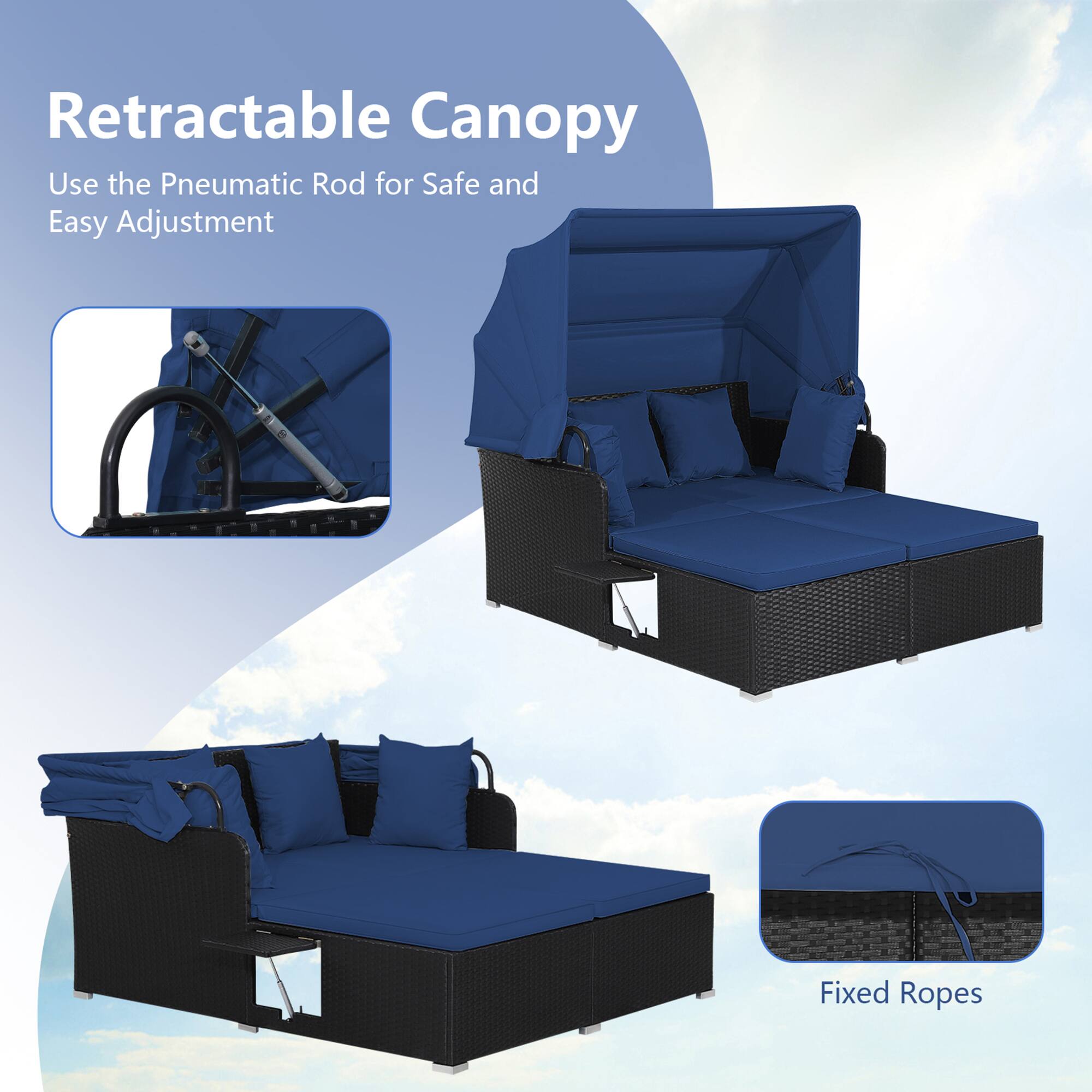 Retractable Canopy  
Use the Pneumatic Rod for Safe and Easy Adjustment  
Fixed Ropes