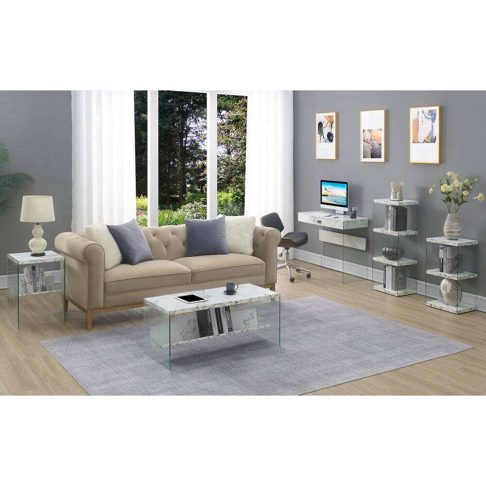 Back. Convenience Concepts - SoHo Glass Coffee Table with Shelf - White Faux Marble/Glass.