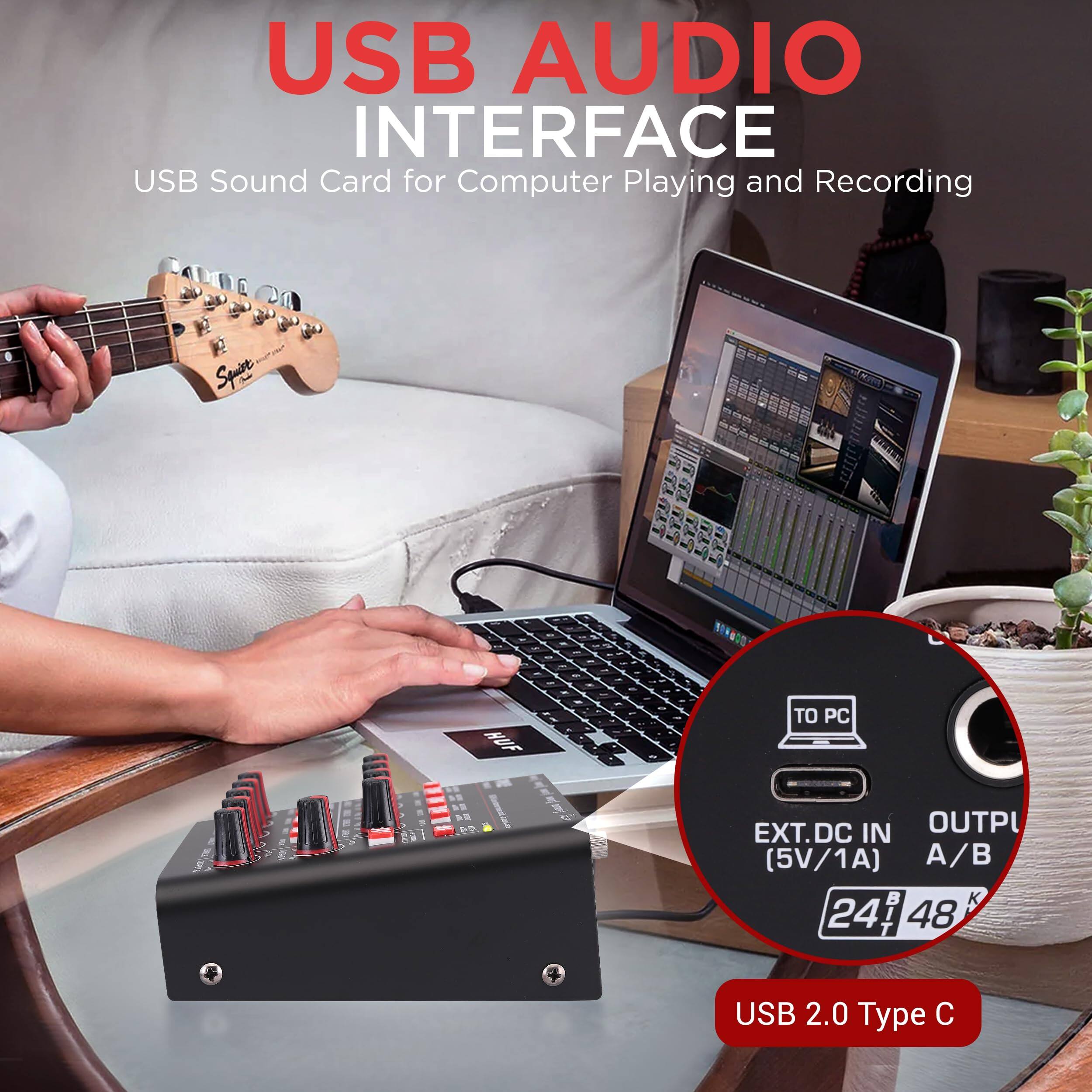 USB AUDIO INTERFACE  
USB Sound Card for Computer Playing and Recording  

- TO PC  
- EXT. DC IN (5V/1A)  
- OUTPUT A/B  
- 24 Bit  
- 48 KHz  
- USB 2.0 Type C