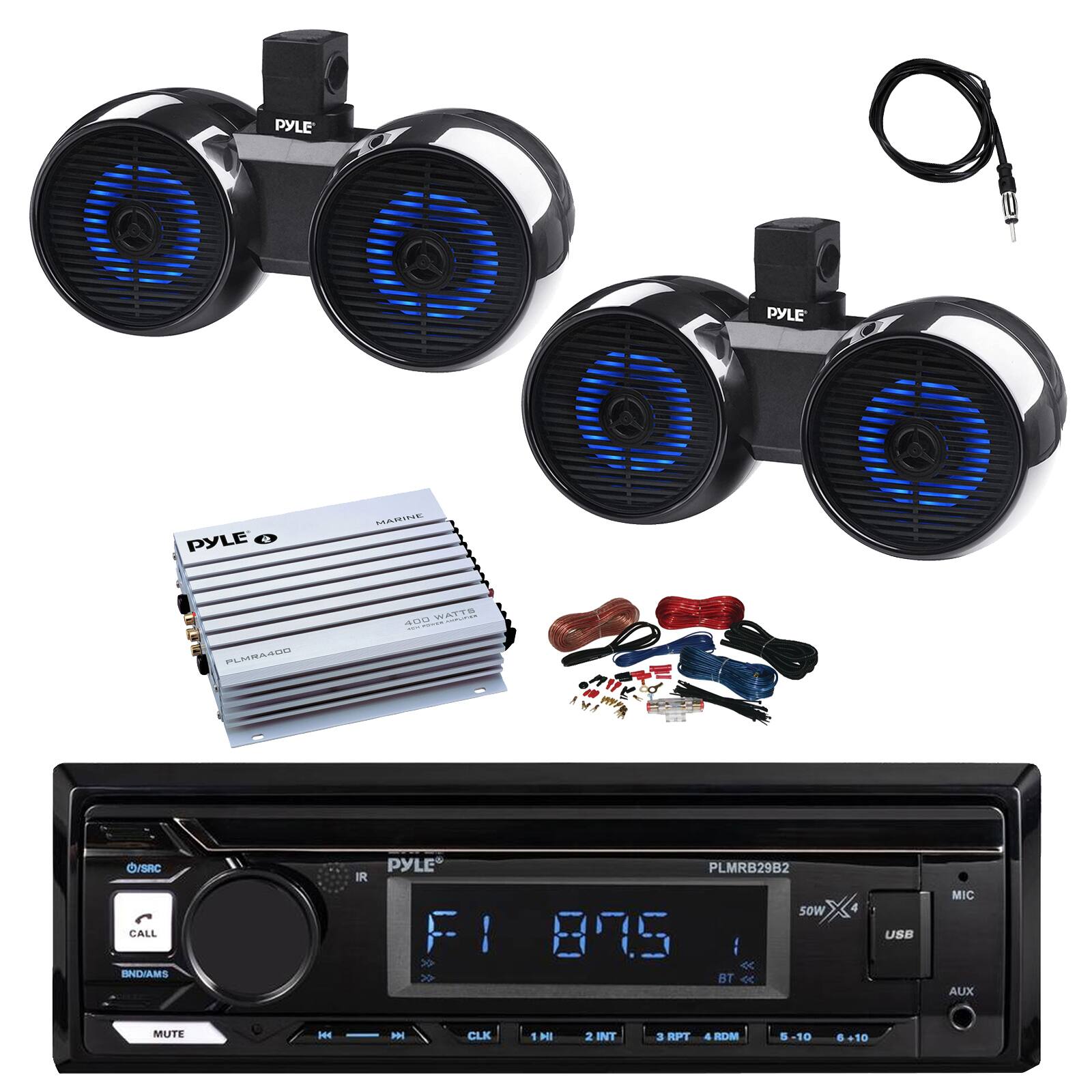 PYLE PYLE PYLE O MASEINUE an WATTS - PLAEMA/AEN /SAC CALL BNDAMS IR PYLE FI I > 30 PLMRB29B2 sOw 875 :  BT C 4 USB MIC AUX MUTE H M CLK 1 HI 2 INT 3 RPT 4 RDM S 3-10 . +10