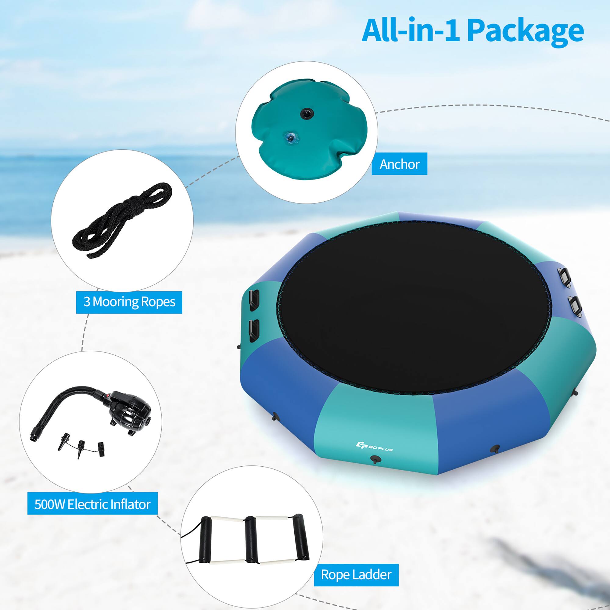 All-in-1 Package  
Anchor  
3 Mooring Ropes  
500W Electric Inflator  
Rope Ladder