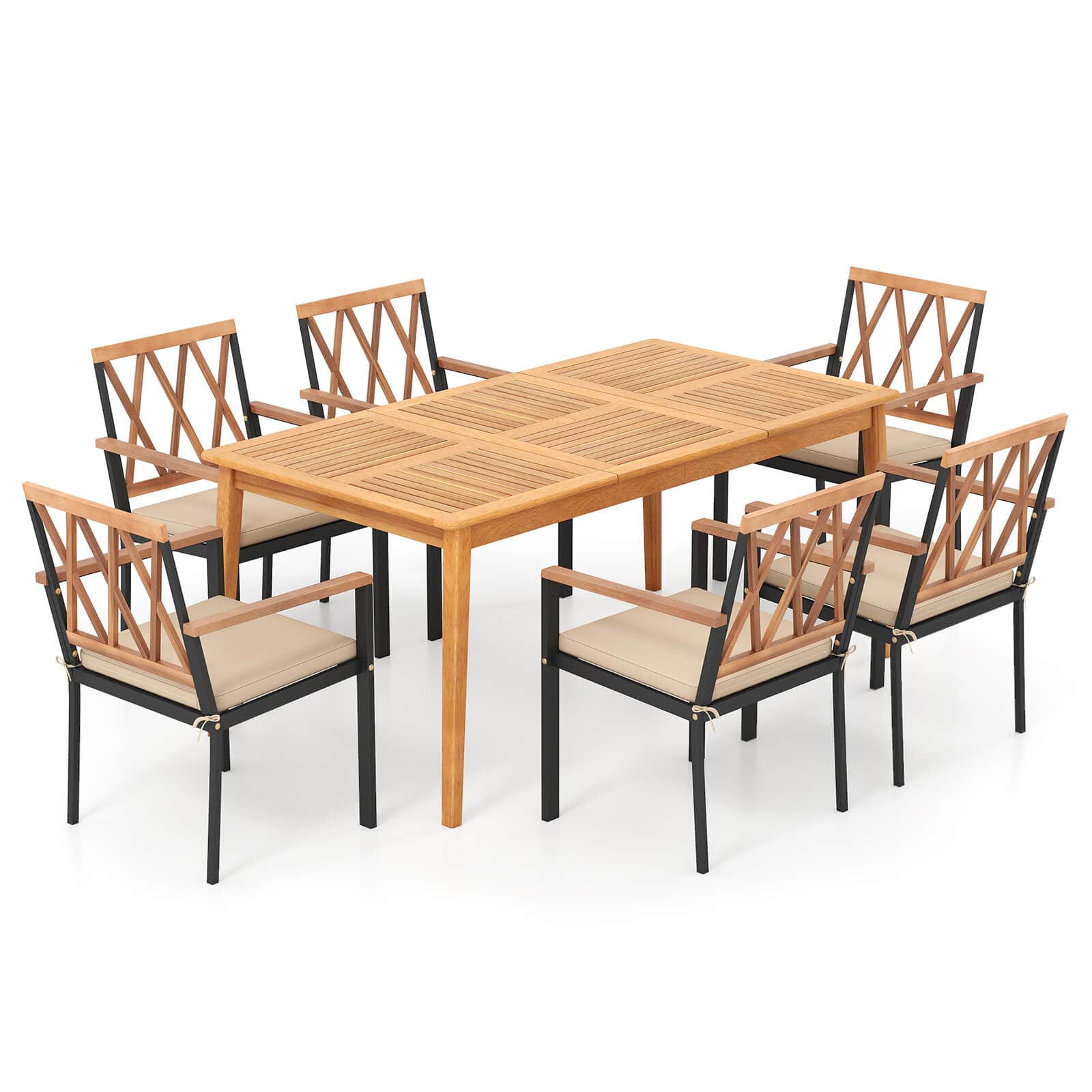 Costway - 7 PCS Patio Acacia Wood Dining Set with Soft Seat Cushions Umbrella Hole Outdoor - Natural,Black