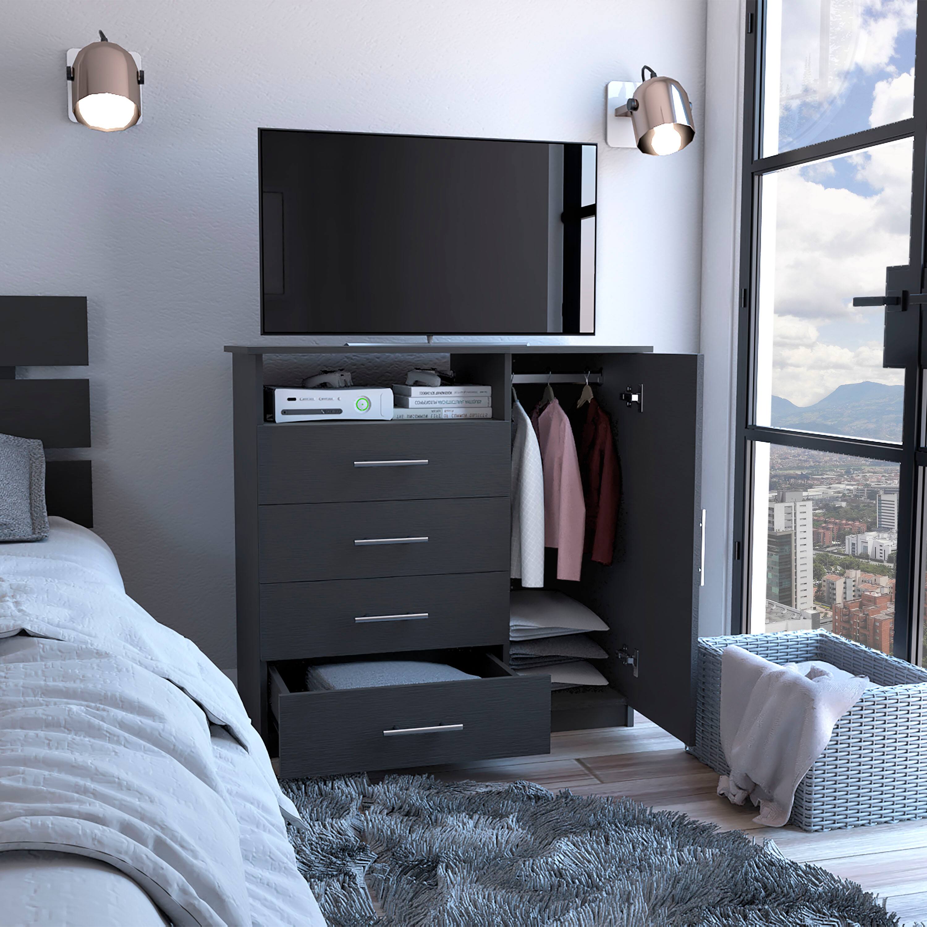 Back. TuHome - Peru 4 Drawer Dresser, Single Door Cabinet, One Open Shelf, Superior Top - Black.