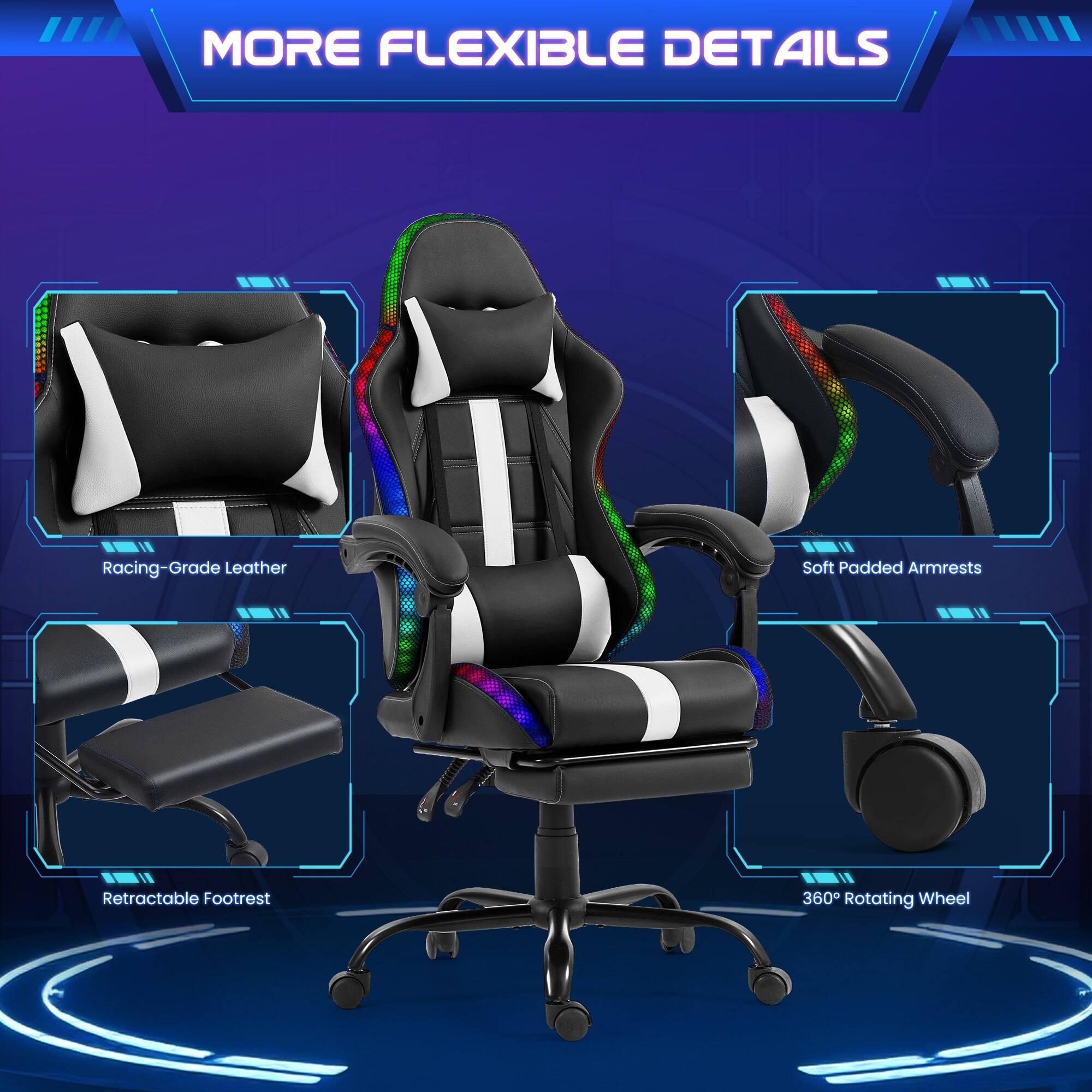 MORE FLEXIBLE DETAILS

- Racing-Grade Leather
- Soft Padded Armrests
- Retractable Footrest
- 360° Rotating Wheel