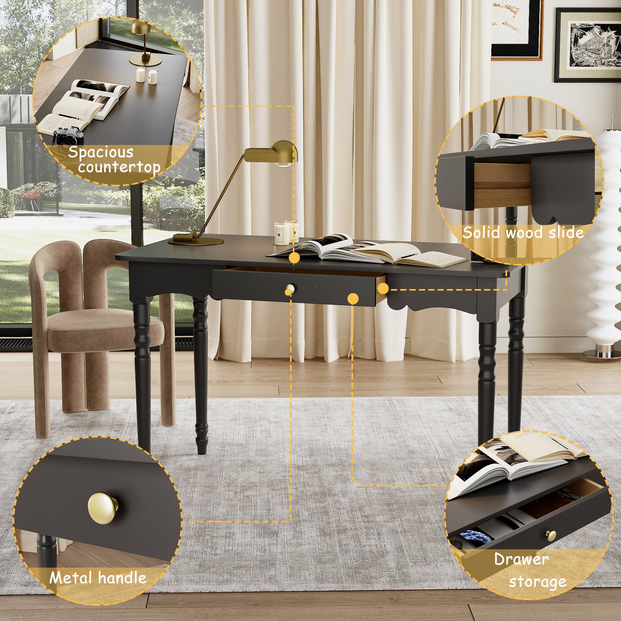 - Spacious countertop
- Solid wood slide
- Metal handle
- Drawer storage