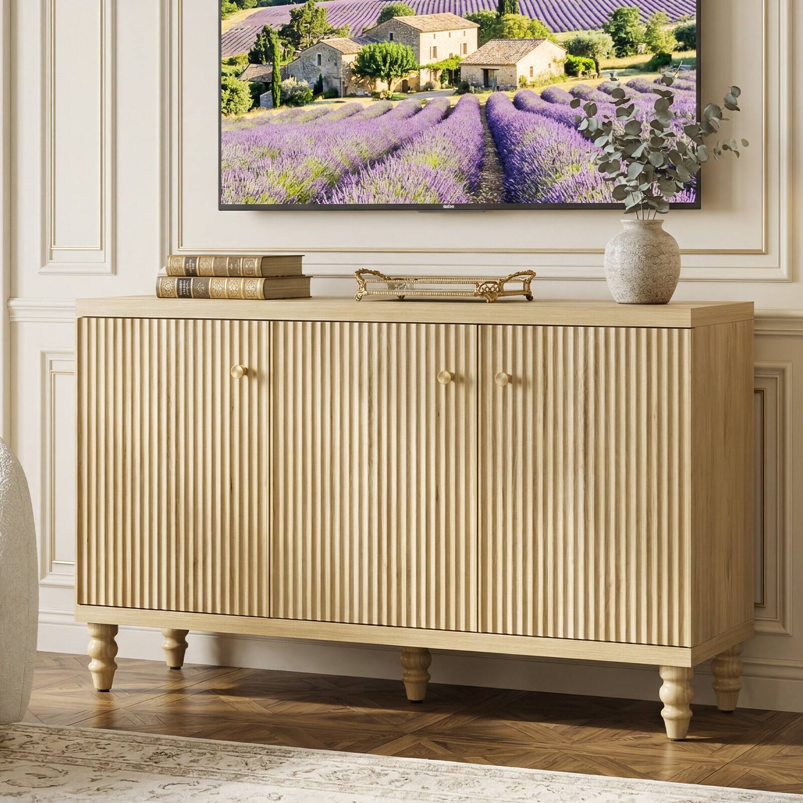 Alt View 7. Bestier - Mid Century Fluted TV Stand with 3 Doors, Retro Media Console with Brushed Gold Handles & Wood Legs - Natual Oak.