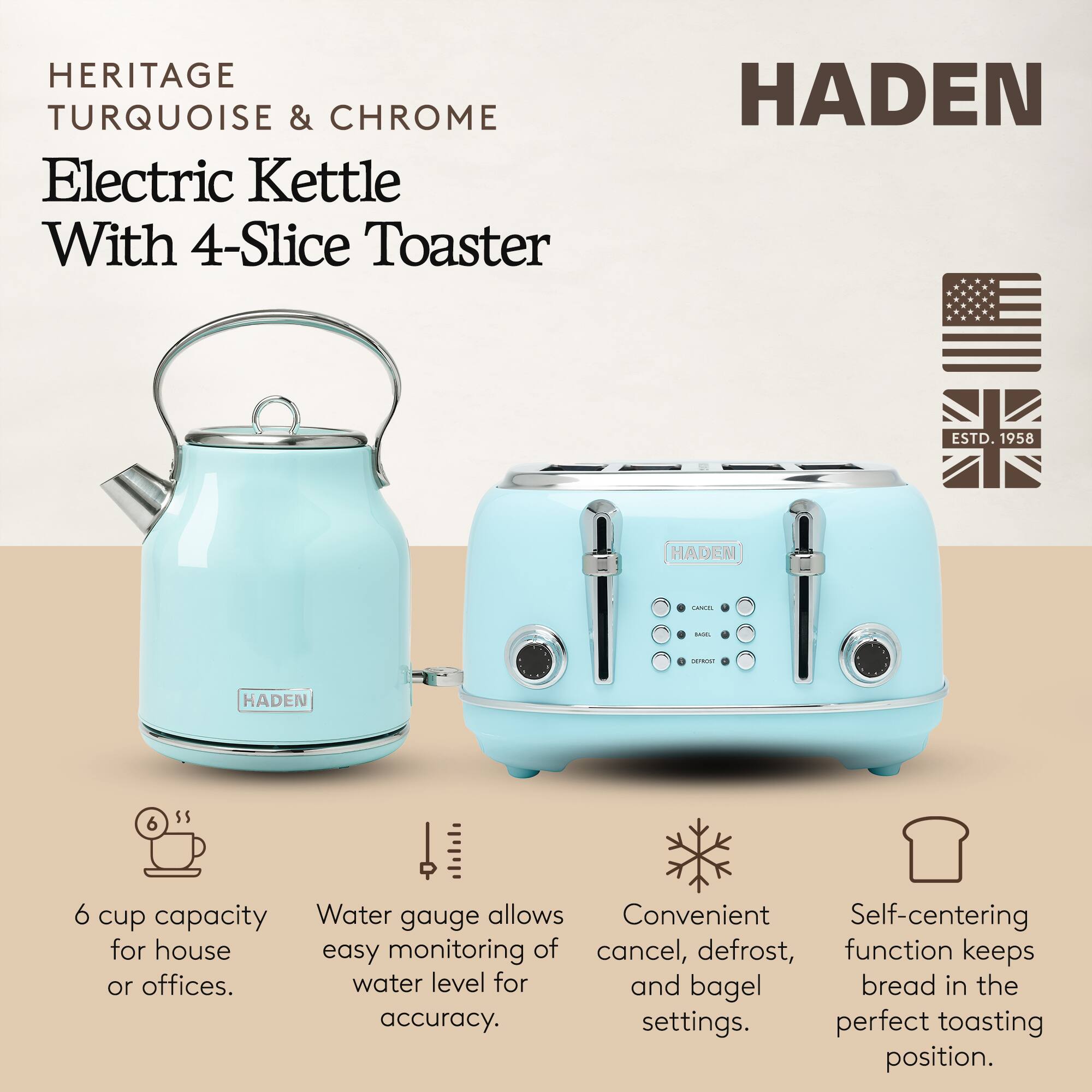 HERITAGE TURQUOISE & CHROME Electric Kettle With 4-Slice Toaster

HADEN ESTD. 1958

- 6 cup capacity for house or offices.
- Water gauge allows easy monitoring of water level for accuracy.
- Convenient cancel, defrost, and bagel settings.
- Self-centering function keeps bread in the perfect toasting position.