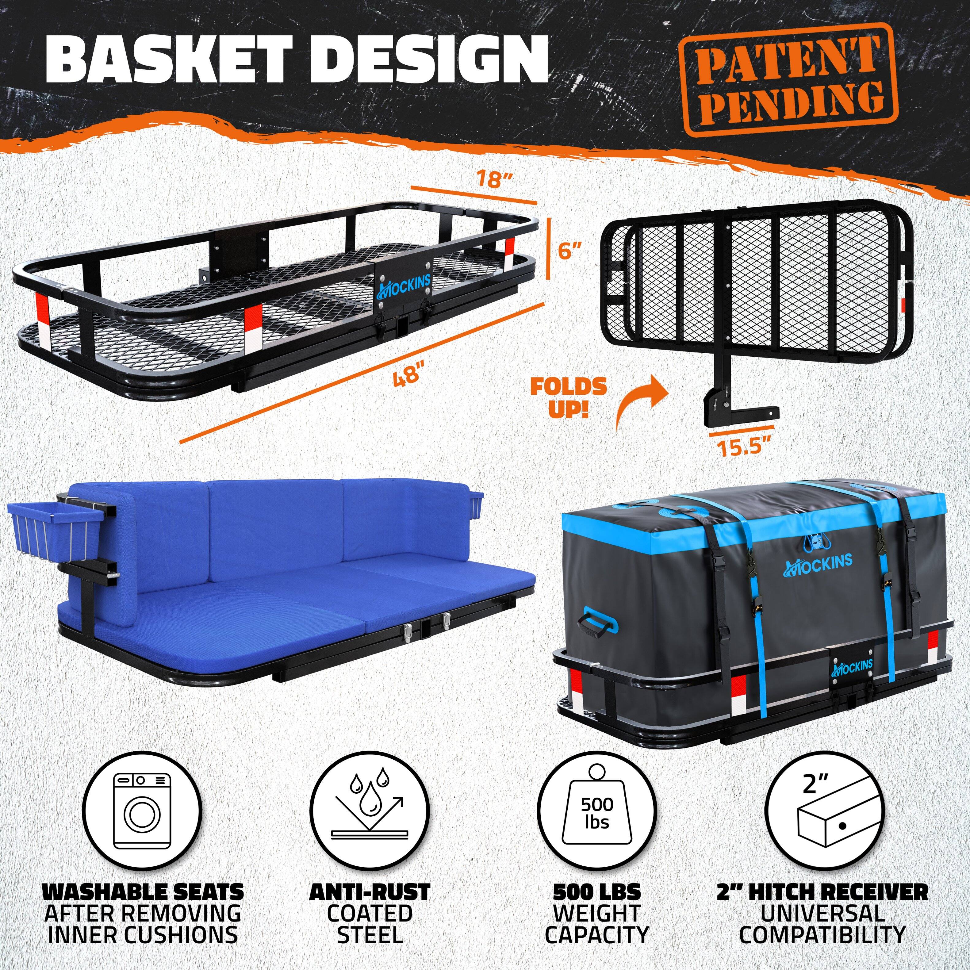 BASKET DESIGN  
PATENT PENDING  

18" x 48"  
6"  
FOLDS UP!  
15.5"  

WASHABLE SEATS AFTER REMOVING INNER CUSHIONS  
ANTI-RUST COATED STEEL  
500 LBS WEIGHT CAPACITY  
2" HITCH RECEIVER UNIVERSAL COMPATIBILITY