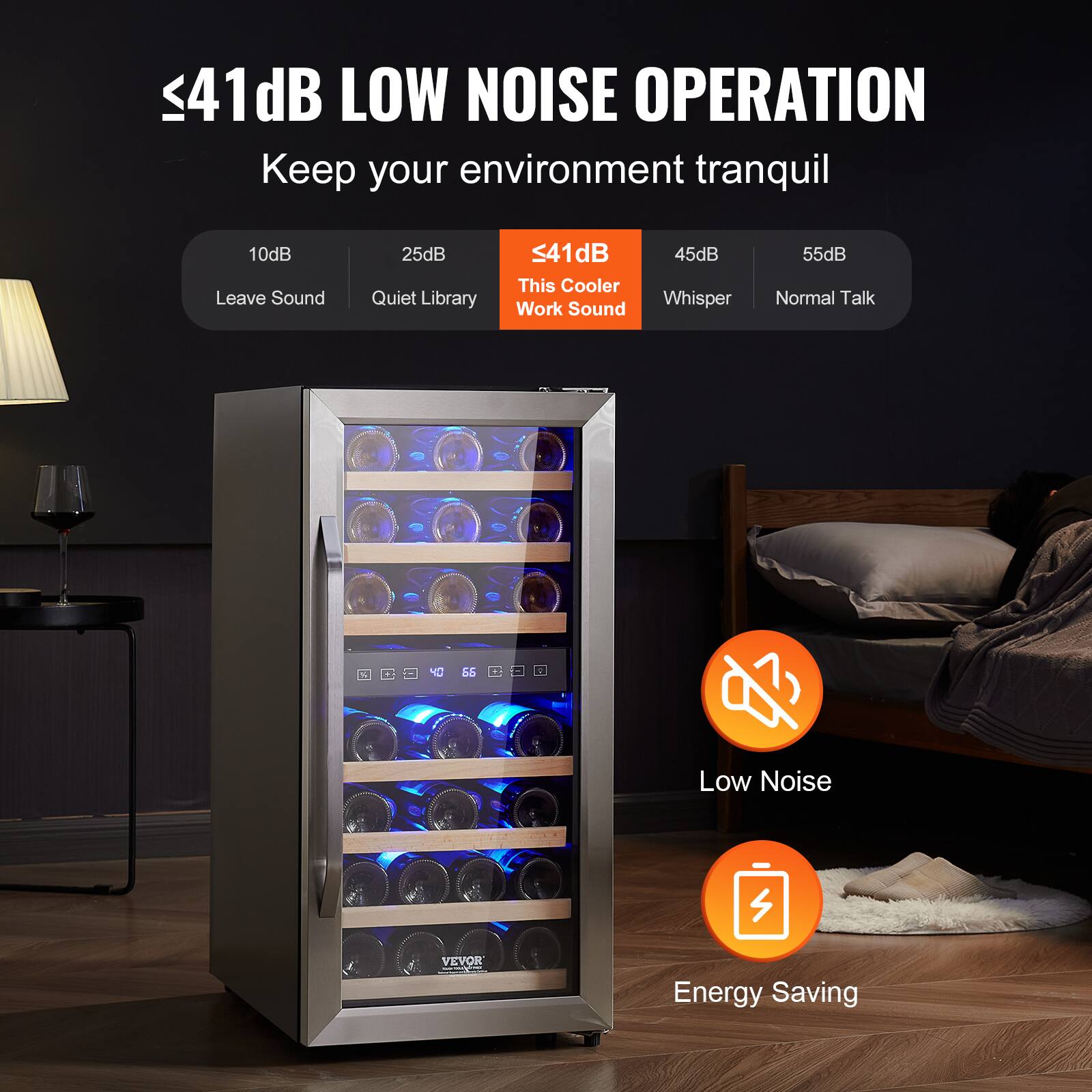 ≤41dB LOW NOISE OPERATION  
Keep your environment tranquil

10dB Leave Sound  
25dB Quiet Library  
≤41dB This Cooler Work Sound  
45dB Whisper  
55dB Normal Talk

Low Noise  
Energy Saving