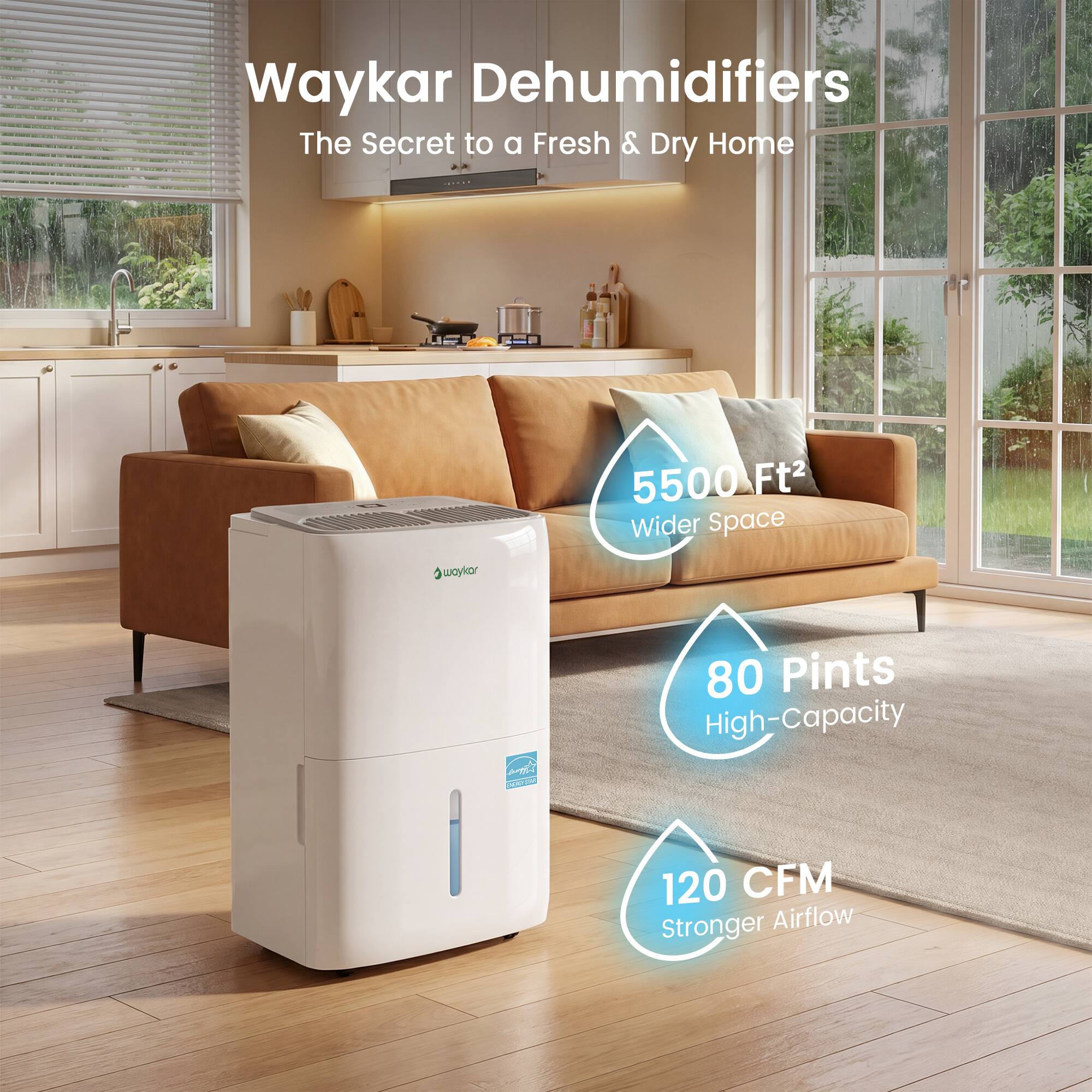 Waykar Dehumidifiers  
The Secret to a Fresh & Dry Home  

5500 Ft² Wider Space  
80 Pints High-Capacity  
120 CFM Stronger Airflow