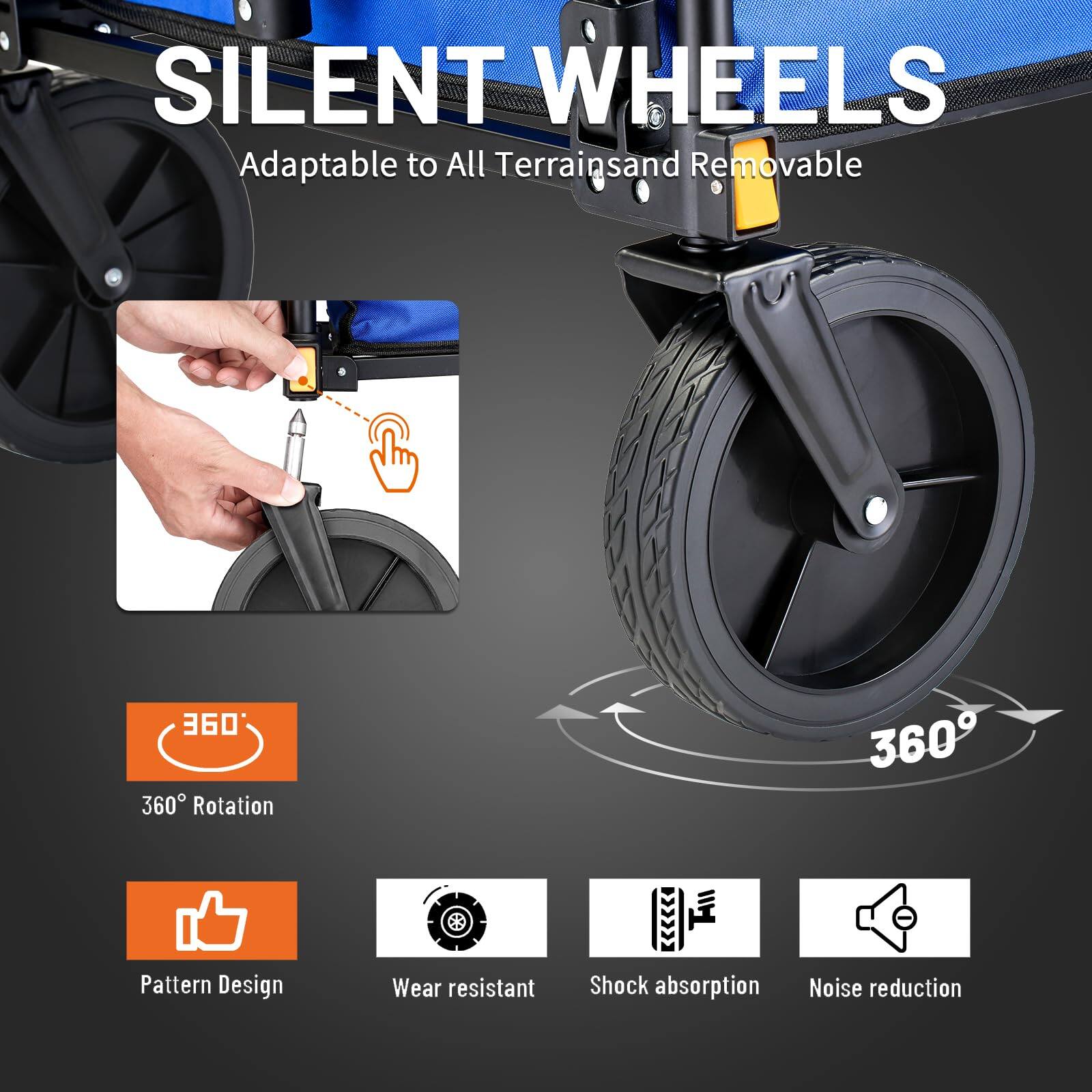 SILENT WHEELS
Adaptable to All Terrains and Removable

- 360° Rotation
- Pattern Design
- Wear Resistant
- Shock Absorption
- Noise Reduction