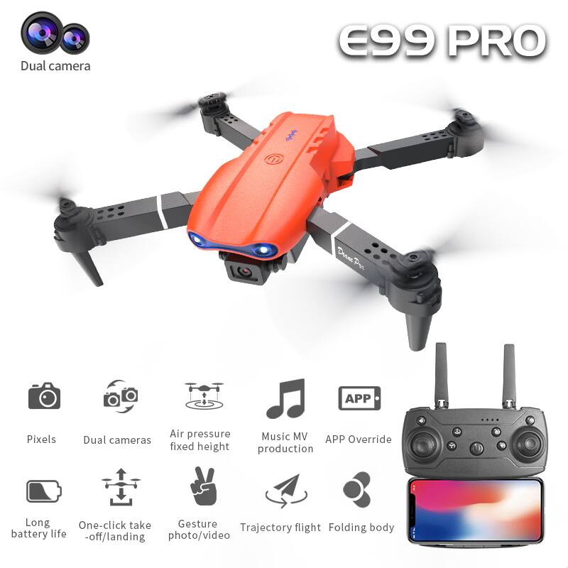 Dual camera  
E99 PRO  
Pixels  
Dual cameras  
Air pressure fixed height  
Music MV production  
APP Override  
Long battery life  
One-click take-off/landing  
Gesture photo/video  
Trajectory flight  
Folding body