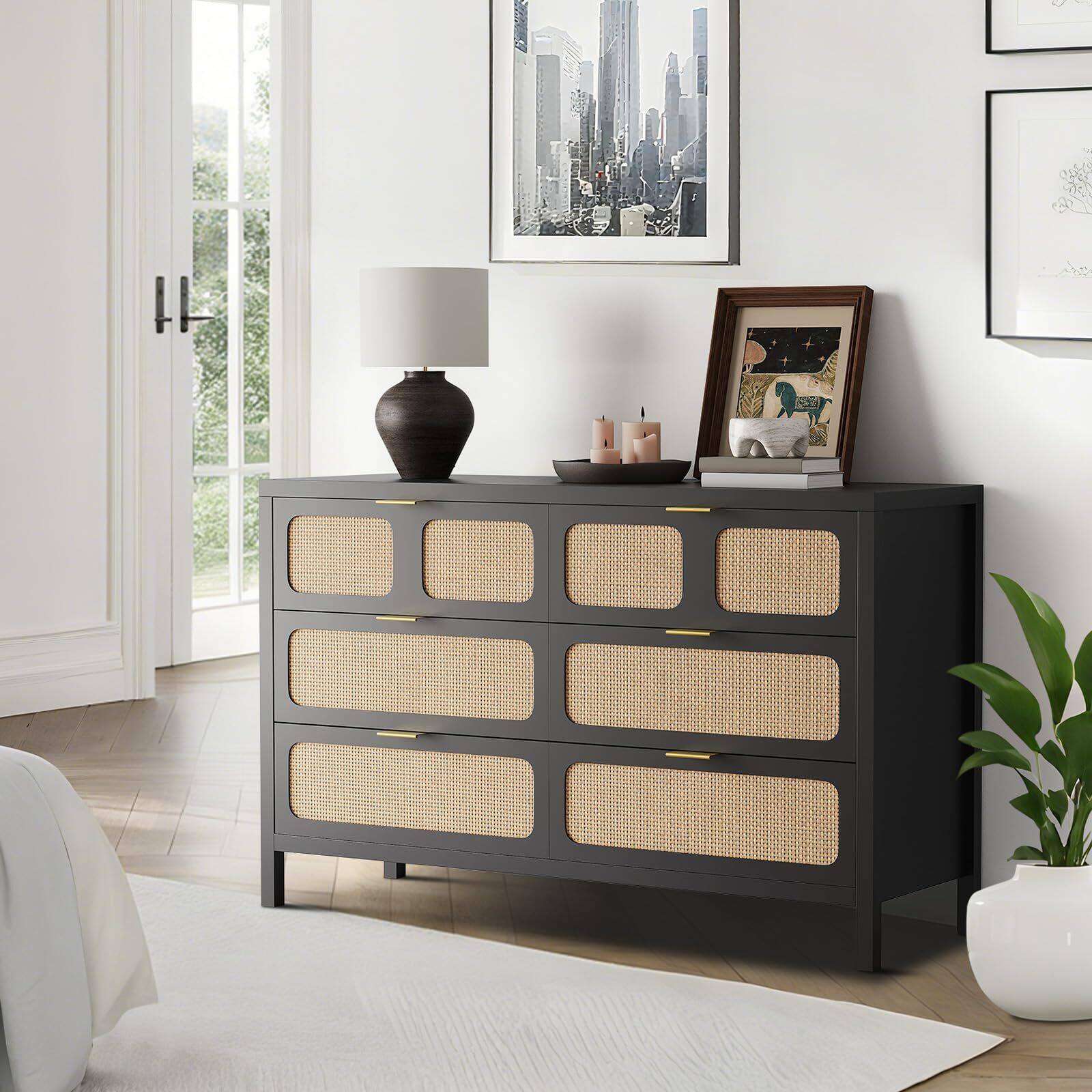 Alt View 4. Jojoka - 6 Drawer Dresser, Rattan Dresser for Bedroom with Metal Handles, Farmhouse Wood Storage Chest - Brown.