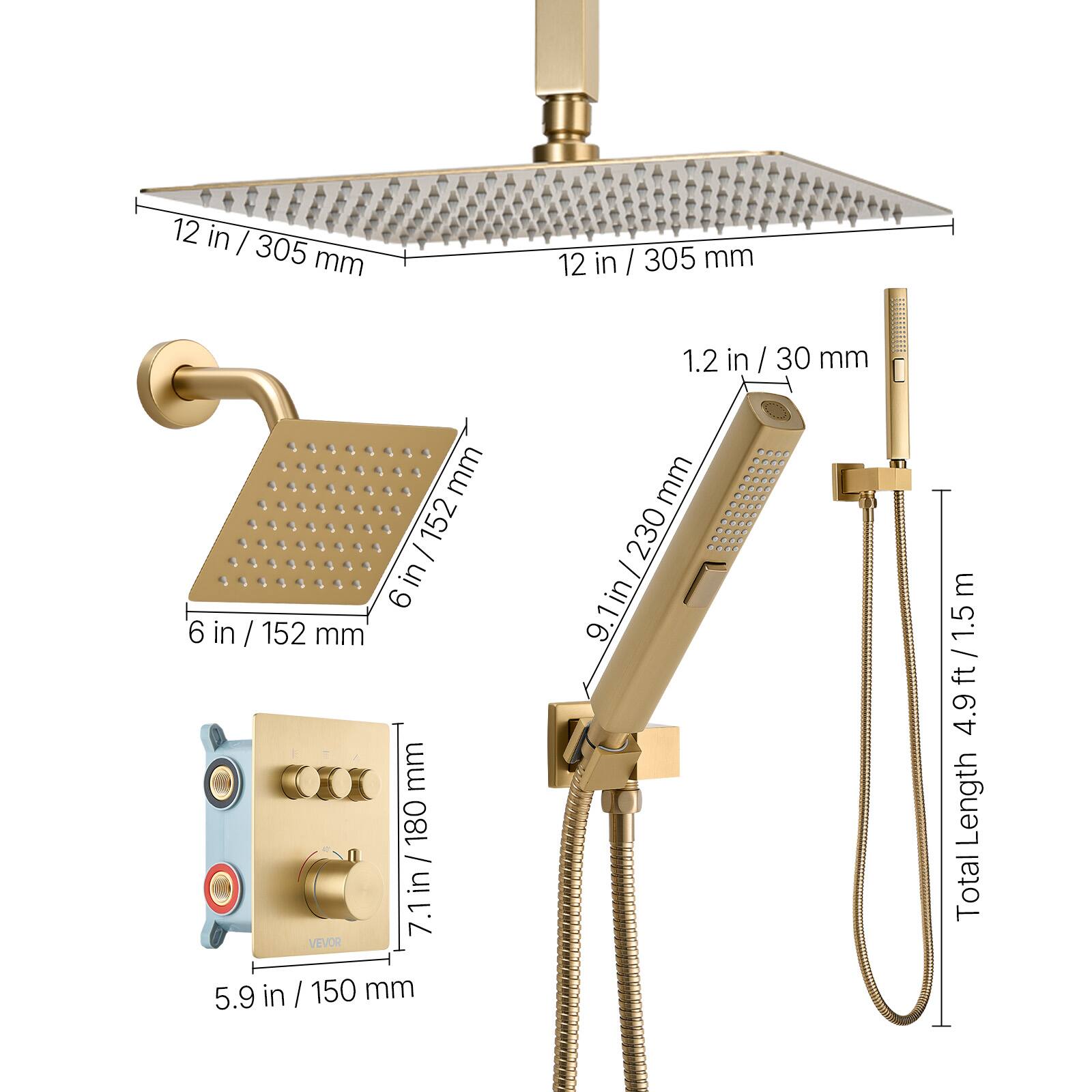 - 12 in / 305 mm
- 12 in / 305 mm
- 1.2 in / 30 mm
- 6 in / 152 mm
- 9.1 in / 230 mm
- 7.1 in / 180 mm
- 5.9 in / 150 mm
- Total Length: 4.9 ft / 1.5 m