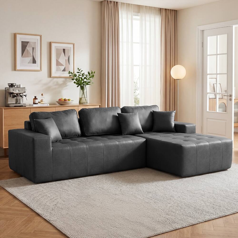Loheer - Faux Leather Sofa L-Shaped Sectional Corner Chaise Couch Black - Black