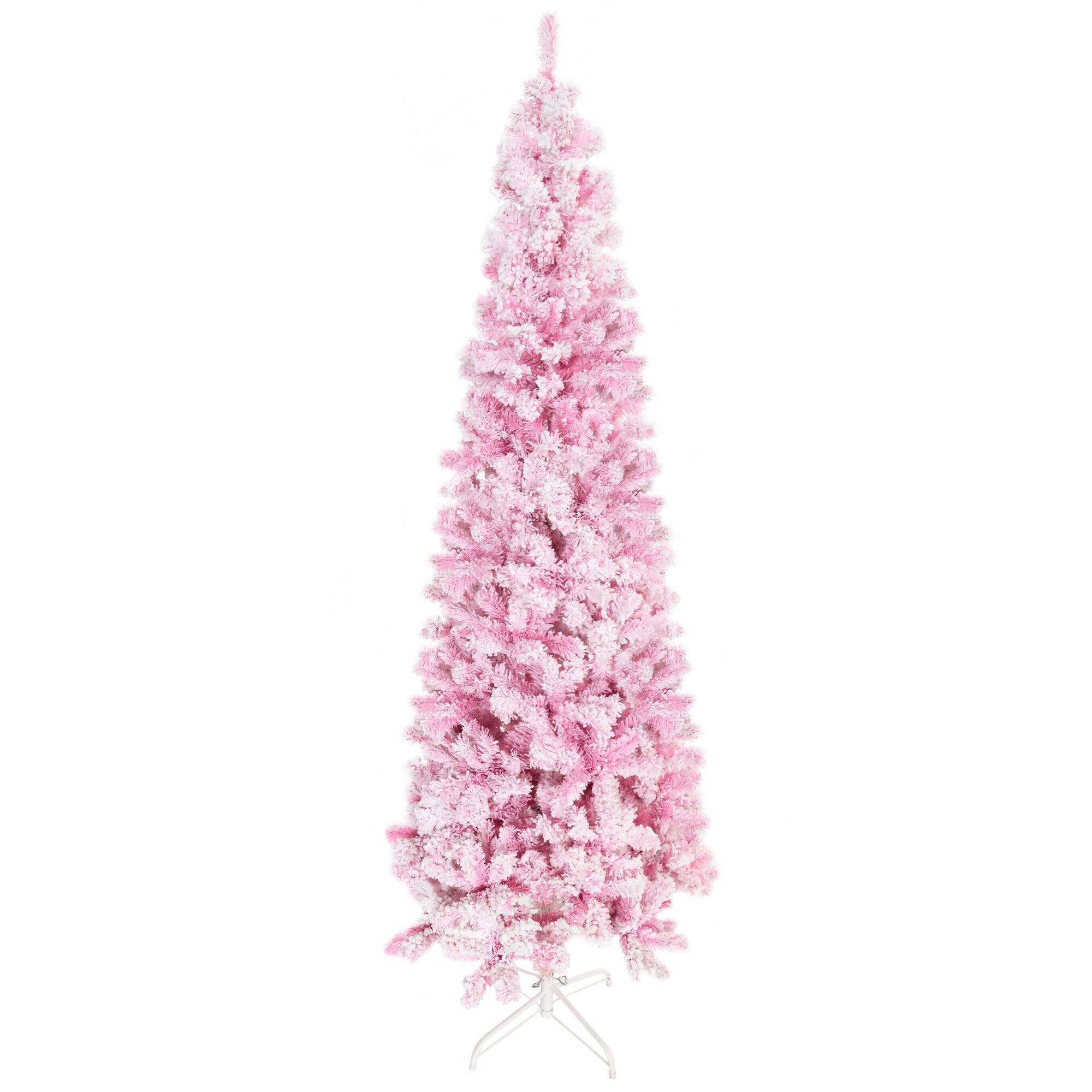 Alt View 6. BreeBe - 7.5 ft Tall Unlit Snow Flocked Artificial Christmas Tree Slim Pencil Xmas Tree with Pine Shape and Realistic Branches - Pink.