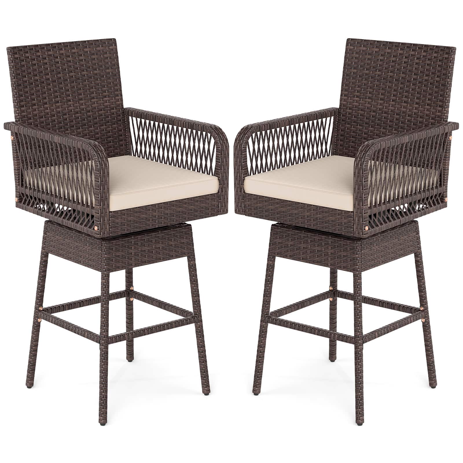 Front. Costway - Costway 2 PCS 29" Patio 360° Swivel Bar Stool with Cross-Woven Armrests Footrest Metal Frame - Brown.
