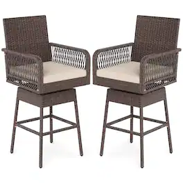 Costway - 2 PCS 29" Patio 360° Swivel Bar Stool with Cross-Woven Armrests Footrest Metal Frame - Brown