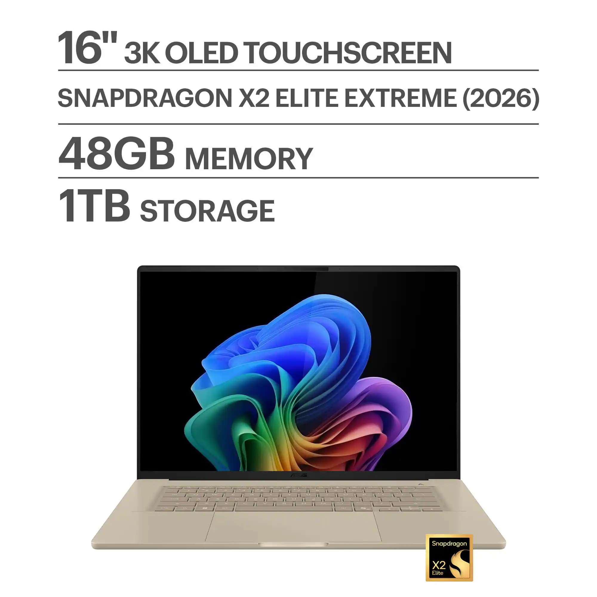 ASUS - Zenbook A16 16" 3K OLED Touch Screen Laptop - Snapdragon X2 Elite Extreme 2026 - 48GB RAM - 1TB SSD - Copilot+ PC - Zabriskie Beige