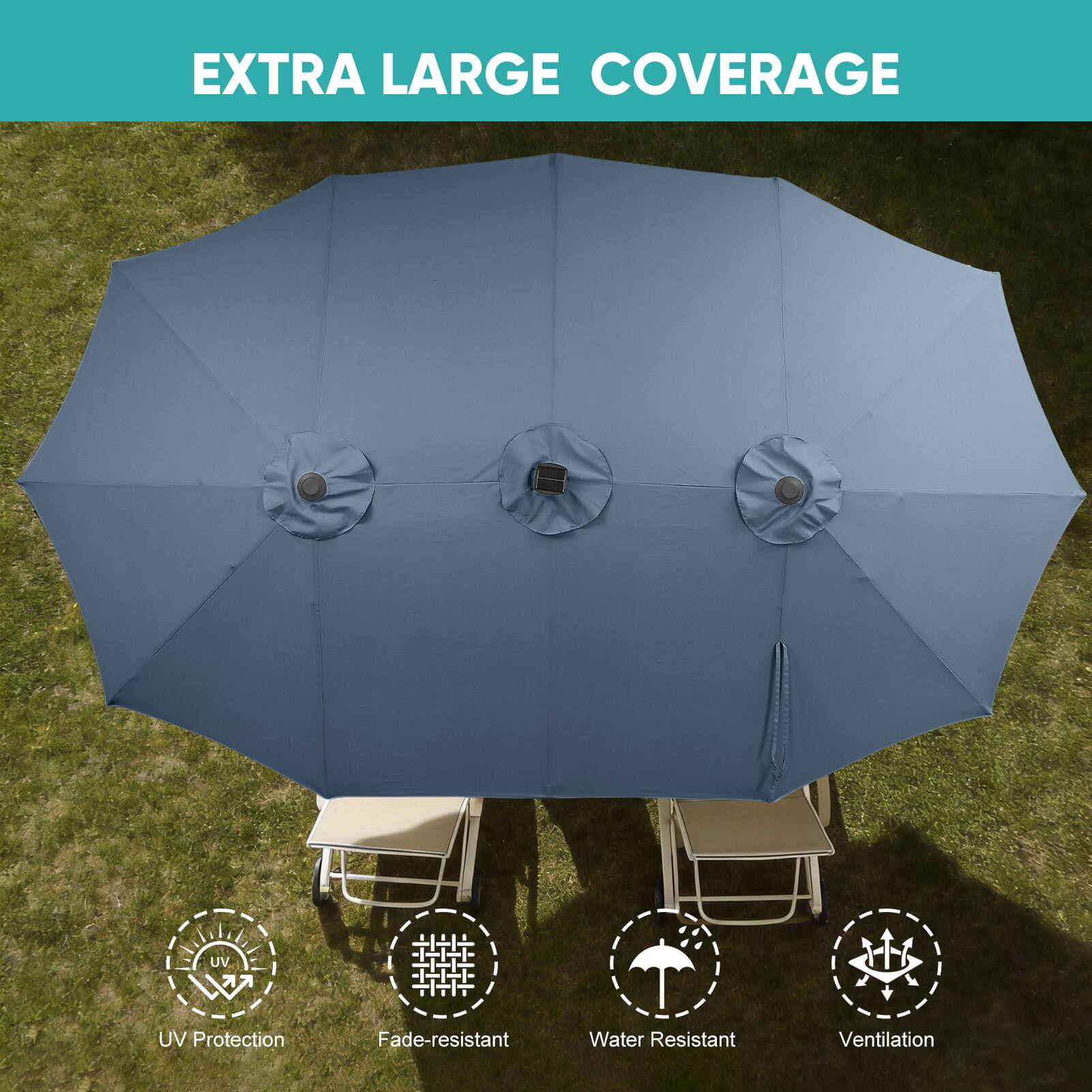 EXTRA LARGE COVERAGE

- UV Protection
- Fade-resistant
- Water Resistant
- Ventilation