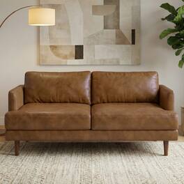 Simpli Home - Livingston 76 inch Wide Mid-Century Modern Sofa in Caramel Brown Top Grain Genuine Leather - Caramel Brown