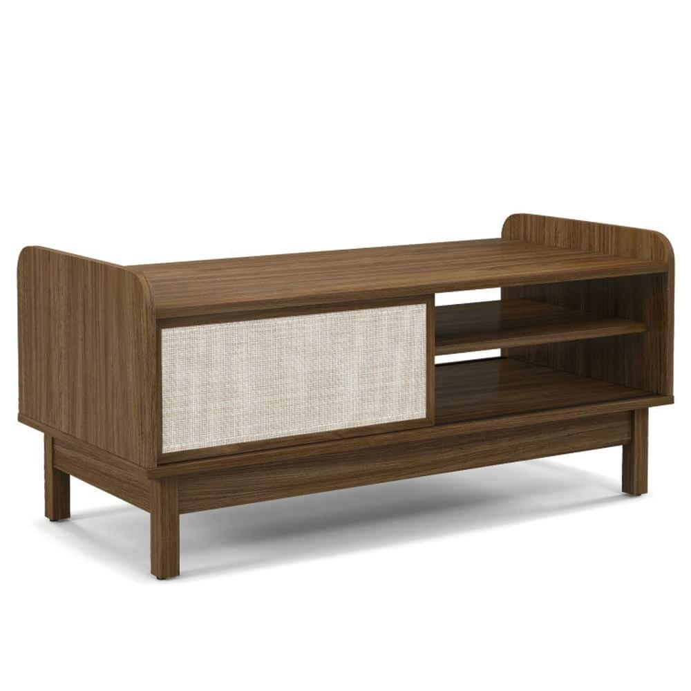 Pefilos - Mid-Century Center Table with Storage and Weaving Sliding Door & Adjustable Shelf-Walnut, Mid Century Modern TV St - Brown