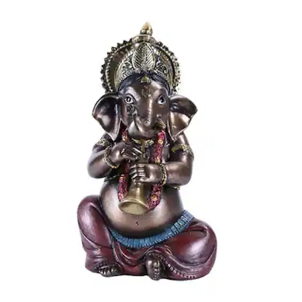 Front. Pacific Trading - The Hindu Elephant Deity Sitting Ganesh Playing Shehnai Figurine 6.75 inch - Bronze.