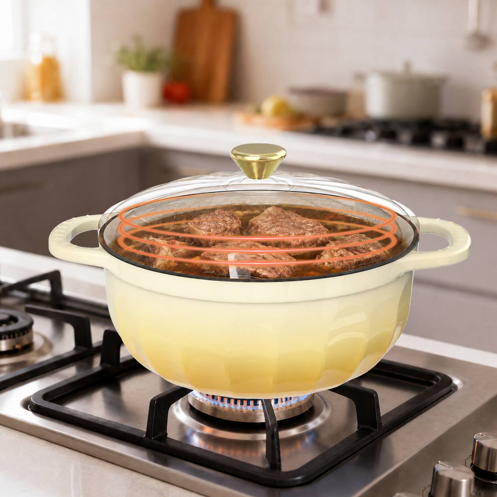 Back. Winado - 5 QT Enameled Cast Iron Dutch Oven with Gradient Petal Texture,Heat-Resistant Gloves, Pot Mat for Bread Baking, Roasting - Yellow.