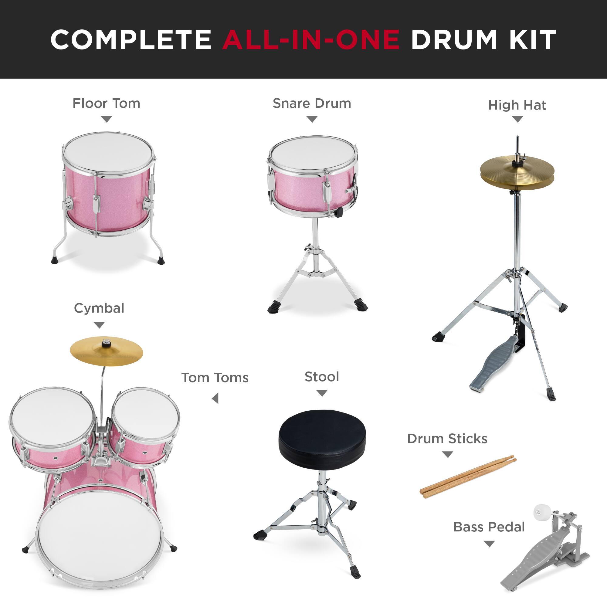 COMPLETE ALL-IN-ONE DRUM KIT

- Floor Tom
- Snare Drum
- High Hat
- Cymbal
- Tom Toms
- Stool
- Drum Sticks
- Bass Pedal