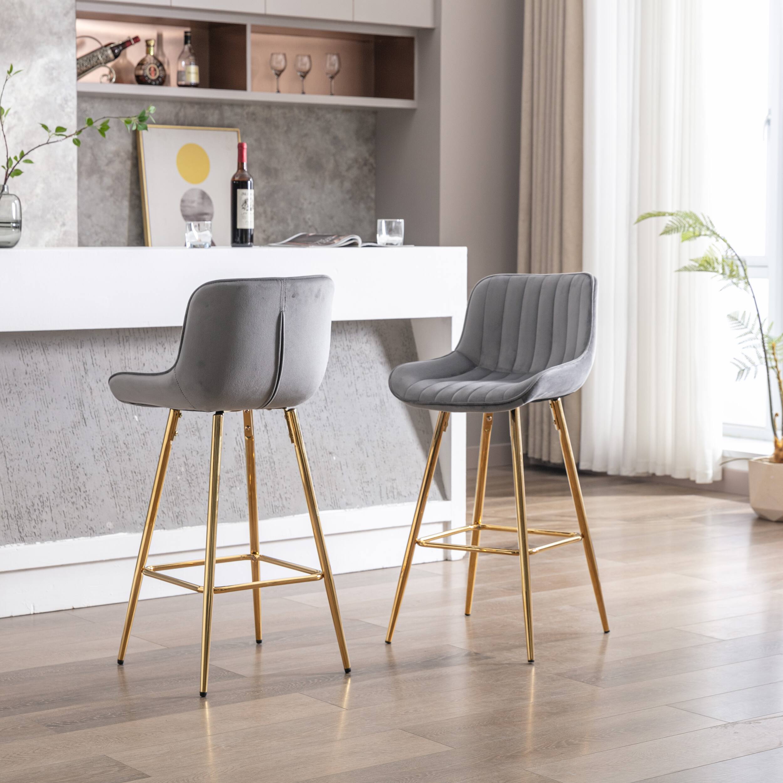 Alt View 2. Trinkets Crazed - Velvet Bar Stools Set of 2, 26 Inch Modern Barstools with Back&Gold Legs, Counter Height Stools for Kitchen Island - Gray.