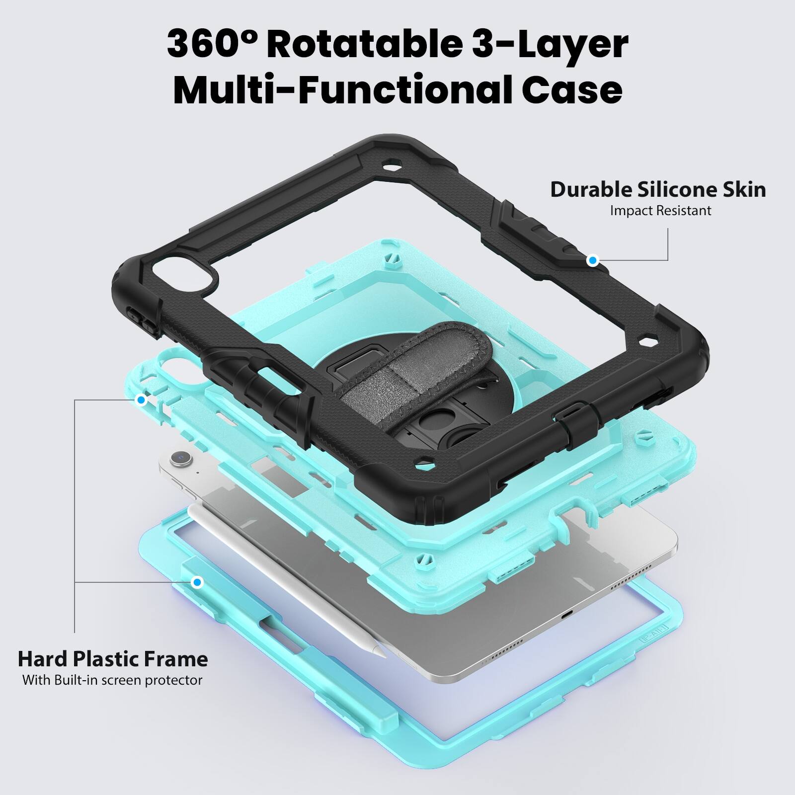 360° Rotatable 3-Layer Multi-Functional Case

Durable Silicone Skin
Impact Resistant

Hard Plastic Frame
With Built-in screen protector