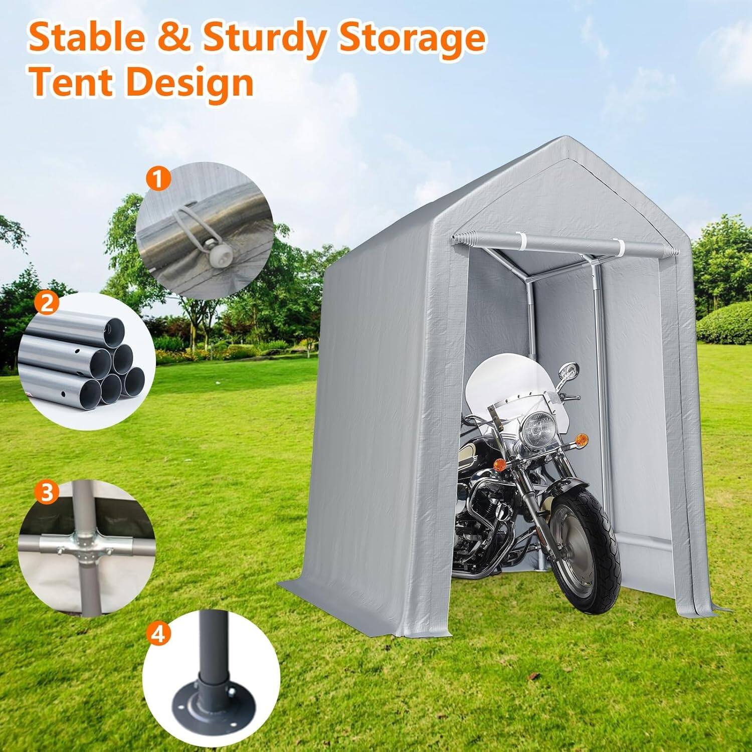 Stable & Sturdy Storage Tent Design

1. [Image of a metal hook]
2. [Image of metal poles]
3. [Image of a metal frame]
4. [Image of a black base]