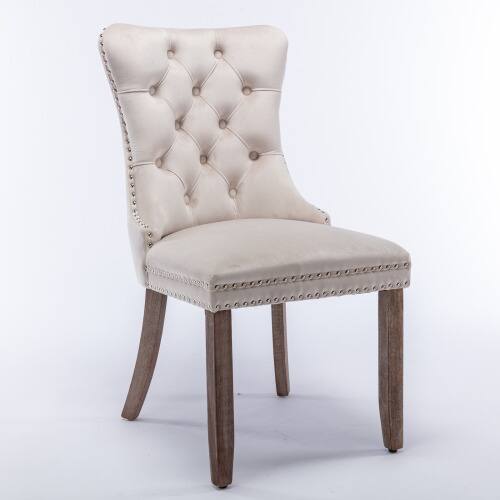 Angle. LUCKY ONE - Assembled Tufted Velvet Dining Chair Set of 2 with Wood Legs Nailhead Trim High Back - Beige.