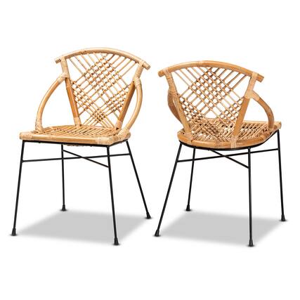 Front. bali & pari - Pro Modern Bohemian Rattan and Metal 2-Piece Dining Chair Set - Natural Brown/Black.