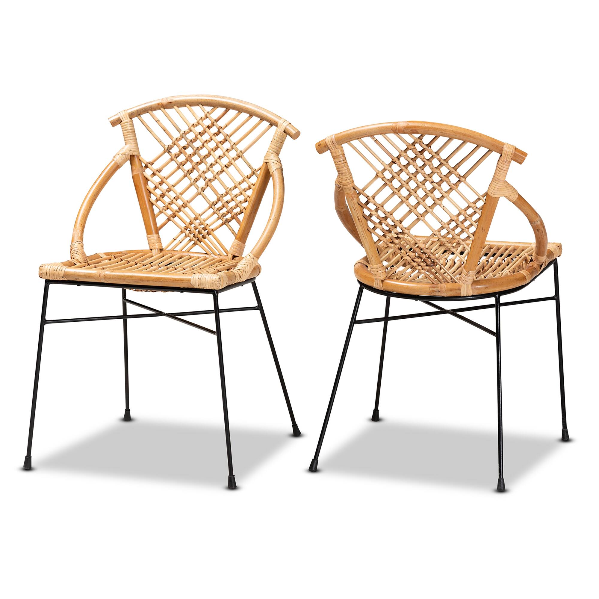 Front. bali & pari - Pro Modern Bohemian Rattan and Metal 2-Piece Dining Chair Set - Natural Brown/Black.