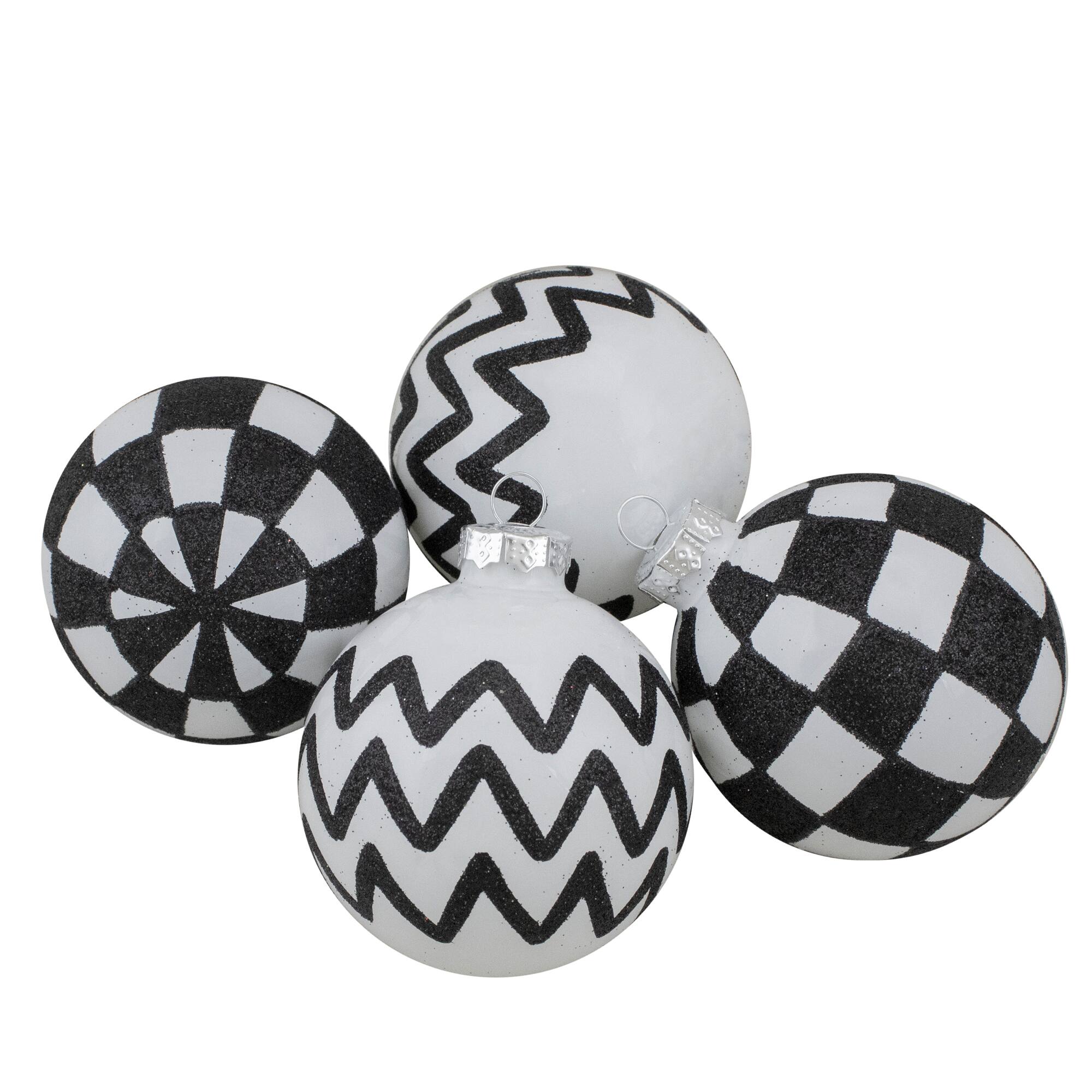Alt View 1. Northlight - Zig Zag and Checkered Christmas Glass Ball Ornaments - 2.75" (67mm) - White and Black- 4ct - White.